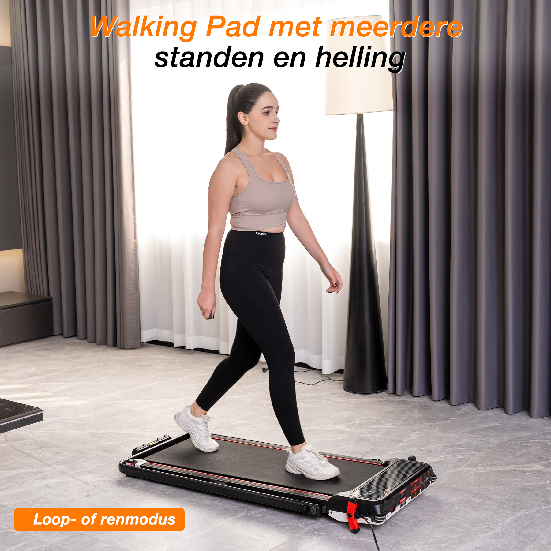 Woman walking on a treadmill with various settings and incline.