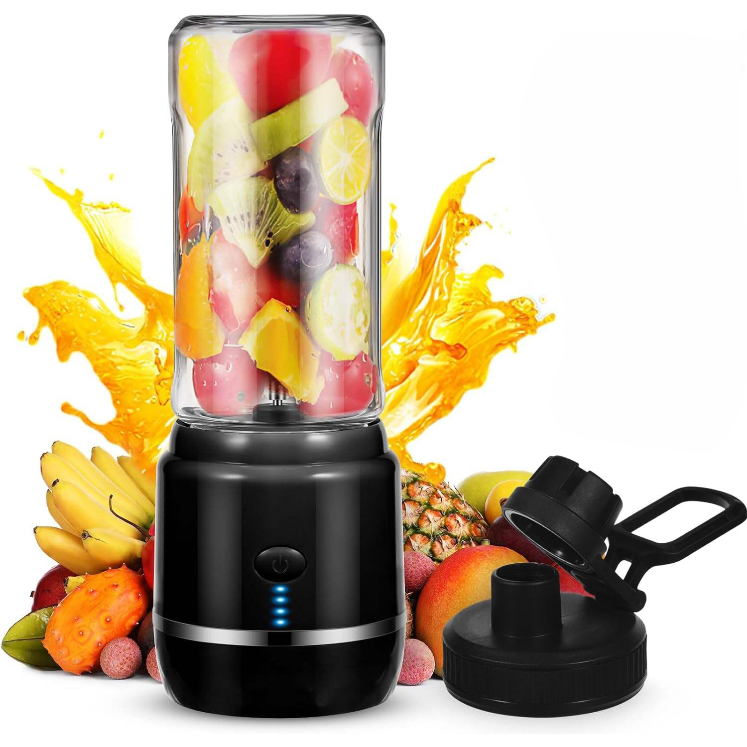 Una licuadora negra con frutas y salpicaduras de jugo.