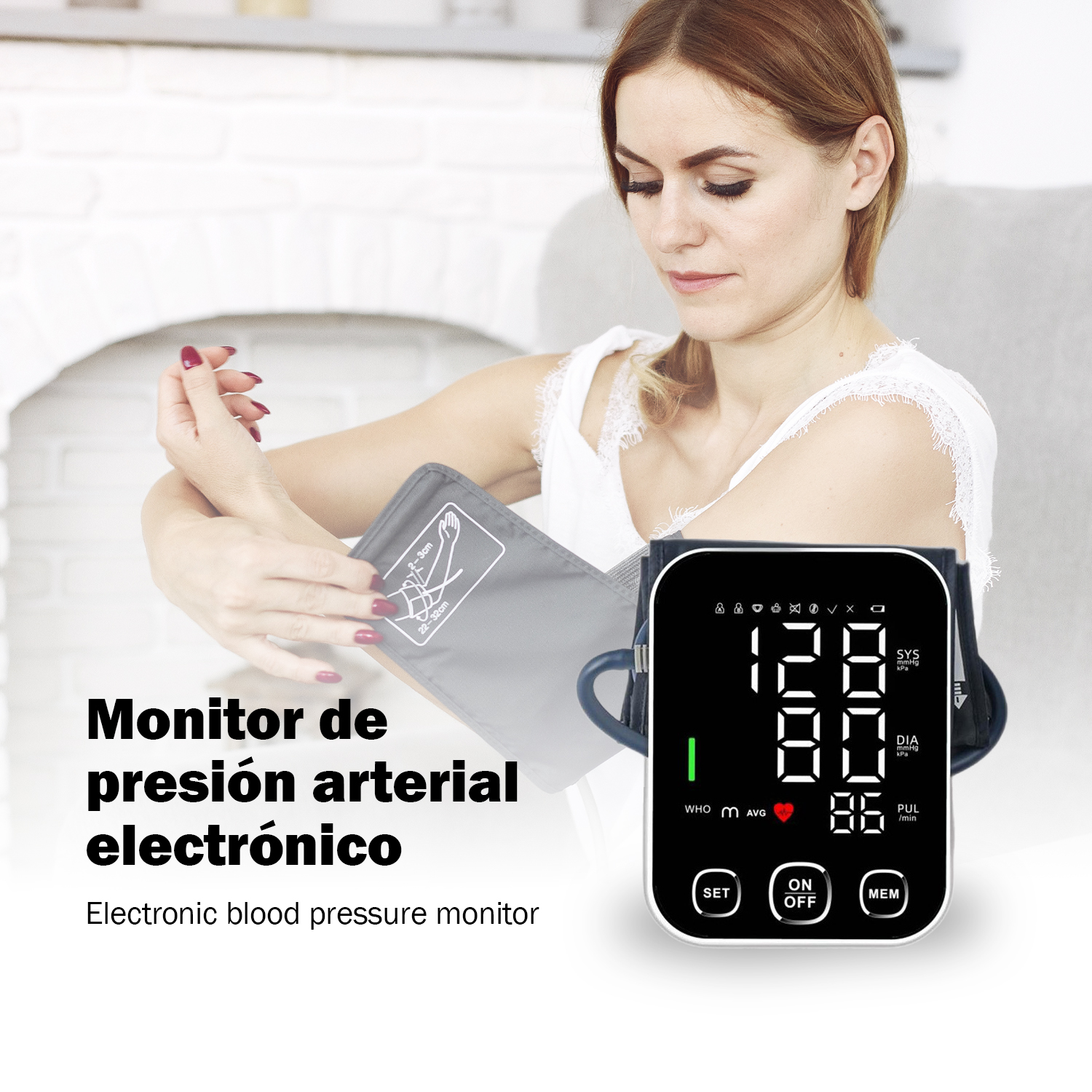 Una mujer usa un tensiómetro digital en el brazo. La pantalla muestra 128/80 mmHg.