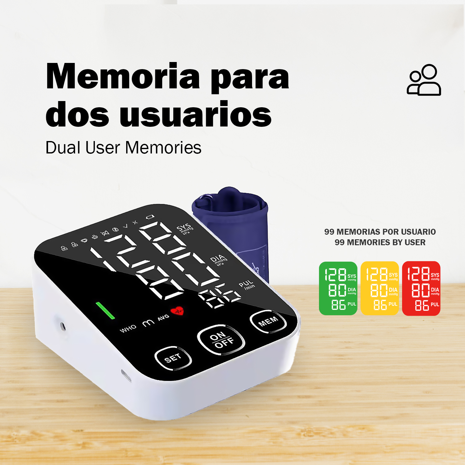 Un tensiómetro digital con manguito muestra lecturas e información de memoria.