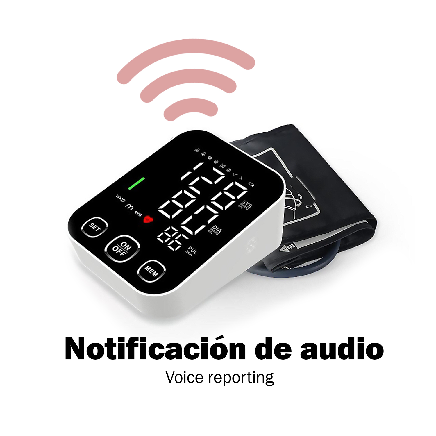 Un tensiómetro digital con manguito y pantalla que muestra lecturas.