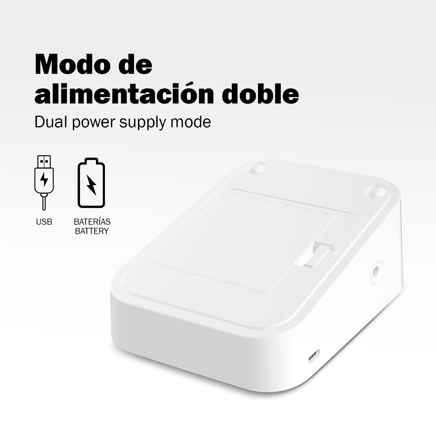 Un dispositivo blanco con iconos de USB y batería. Tiene un ángulo de uso.