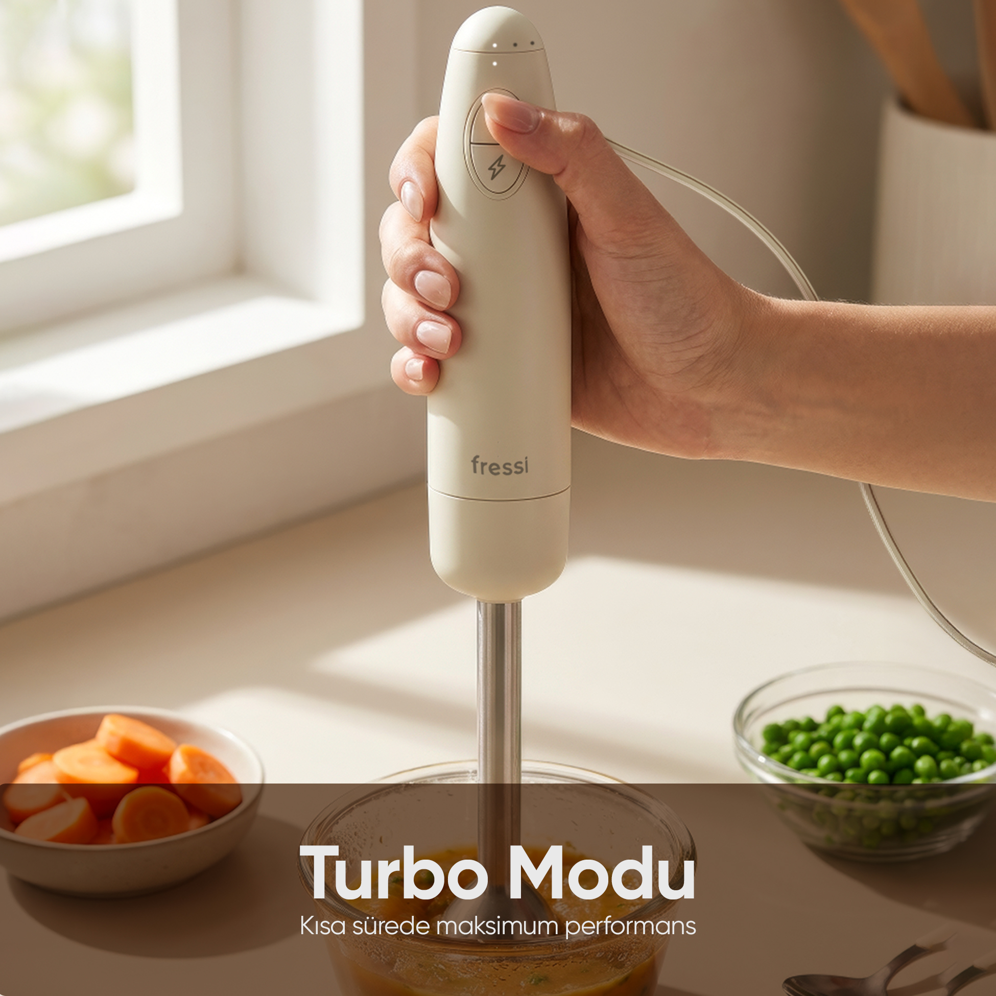 Bir el, havuç ve bezelye yanında, bir kase çorbanın üzerinde krem rengi el blender tutuyor.