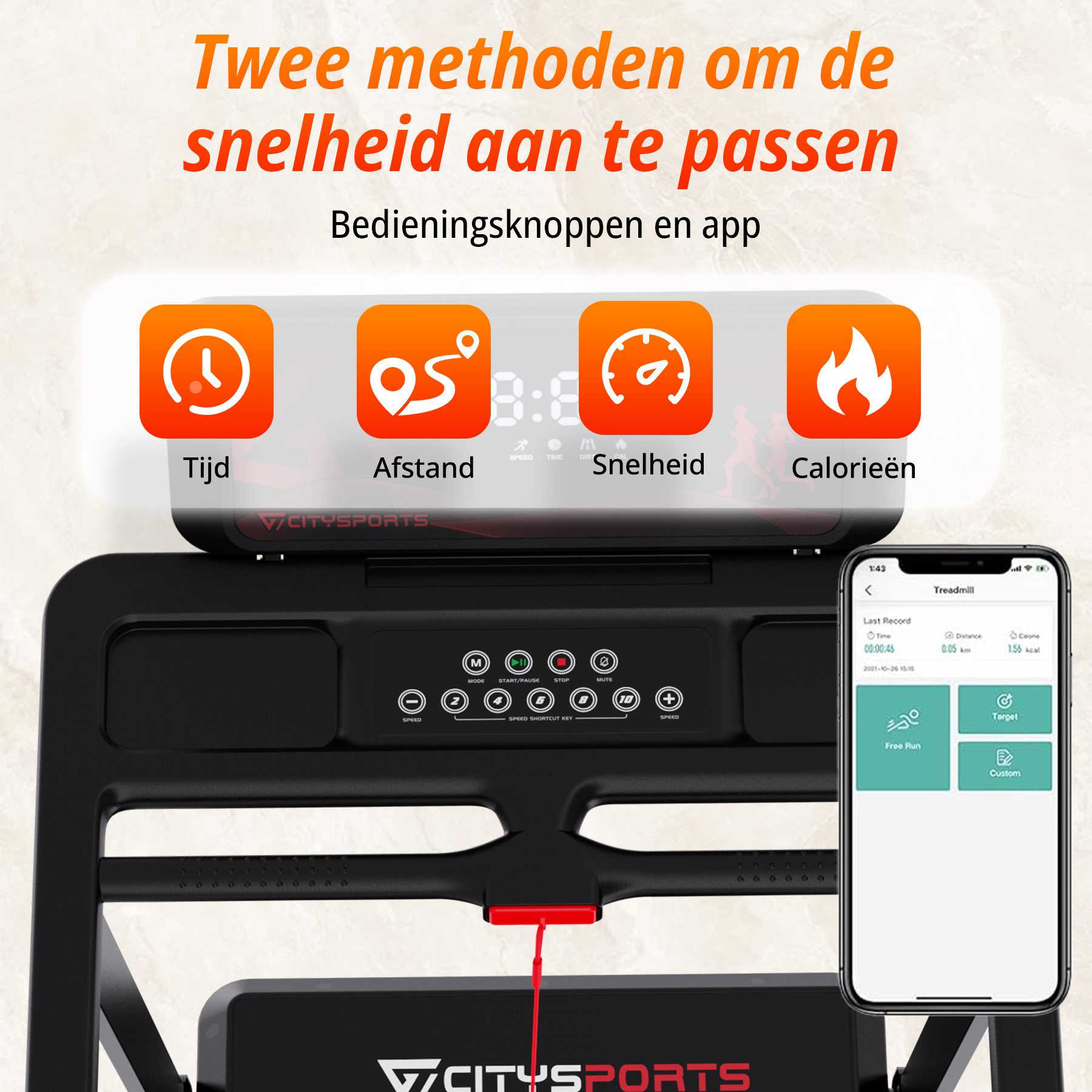 A treadmill display shows time, distance, speed, and calories, next to an app.