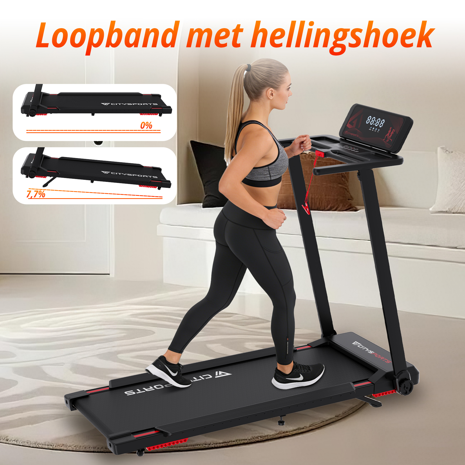Woman running on a black treadmill with red accents and a digital display.