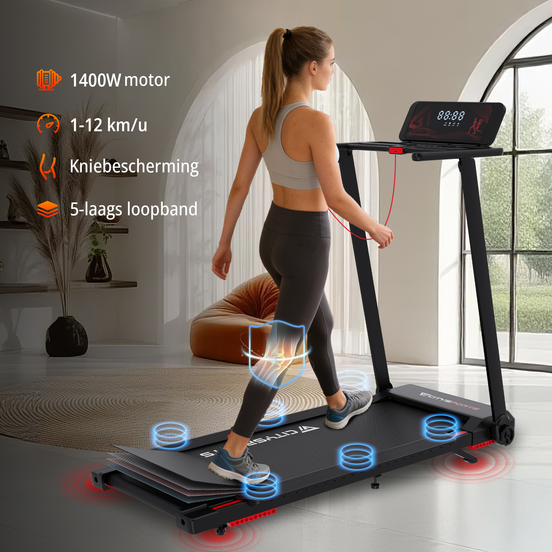 A woman is walking on a treadmill with a 1400W motor and a 5-layer belt.