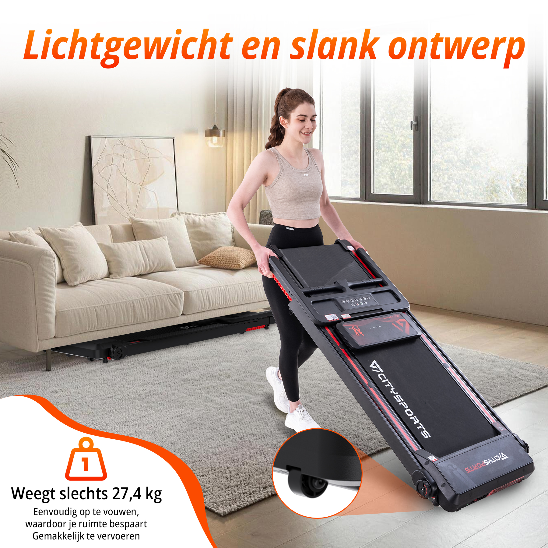A woman moves a black treadmill with red accents in a living room with a sofa.