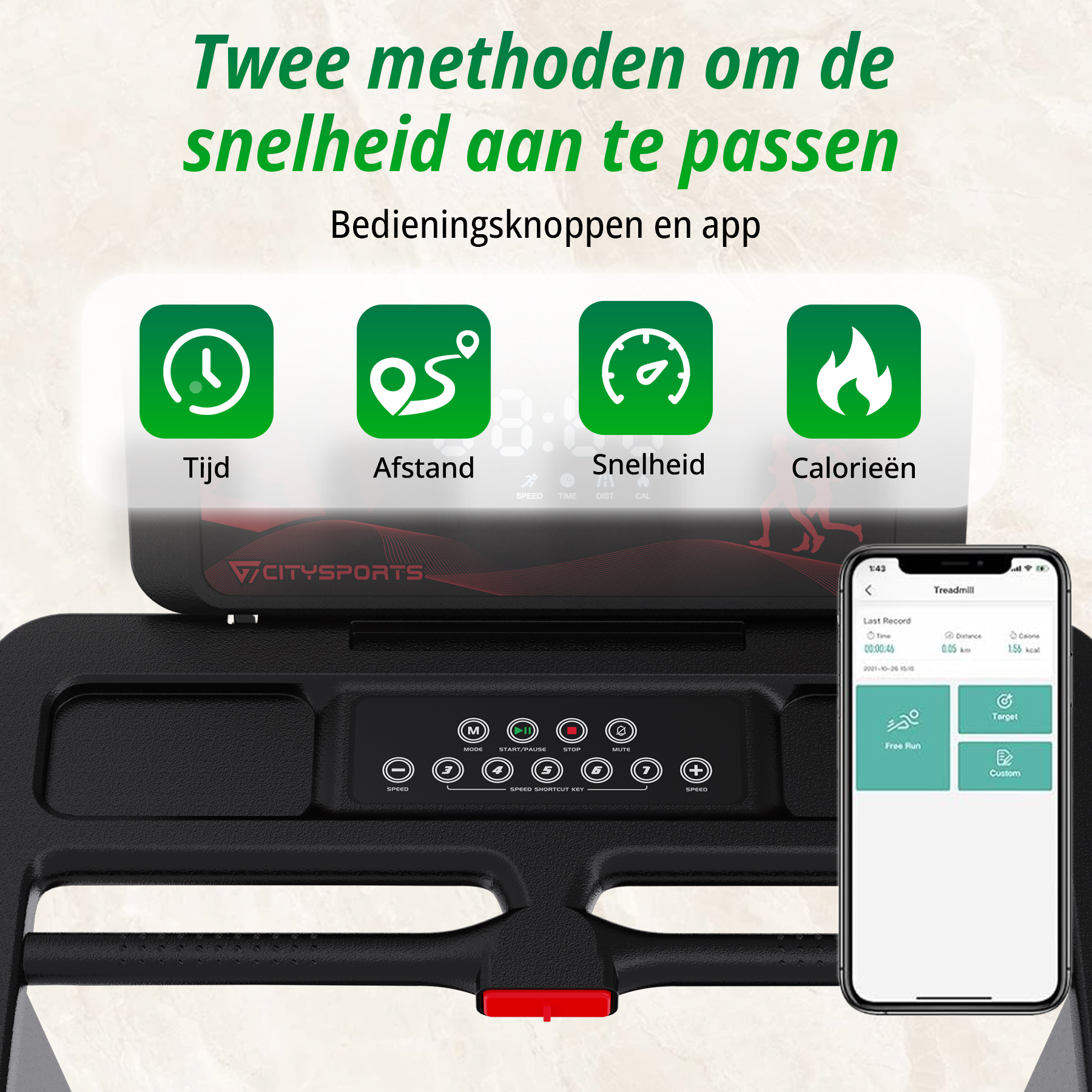 A treadmill with control buttons and an app display. Shows time, distance, speed, calories.
