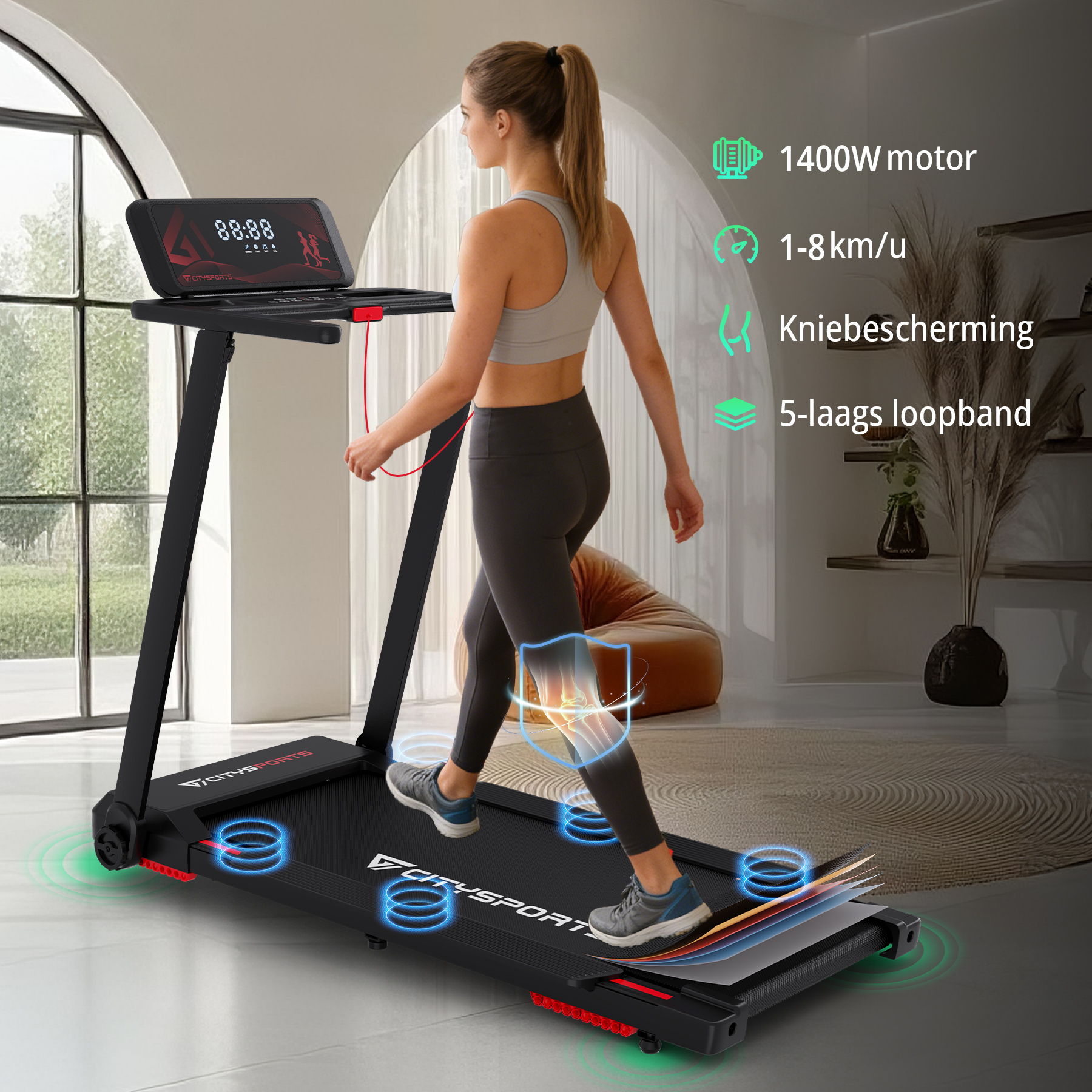 Woman walking on a black treadmill with digital display and shock absorption.