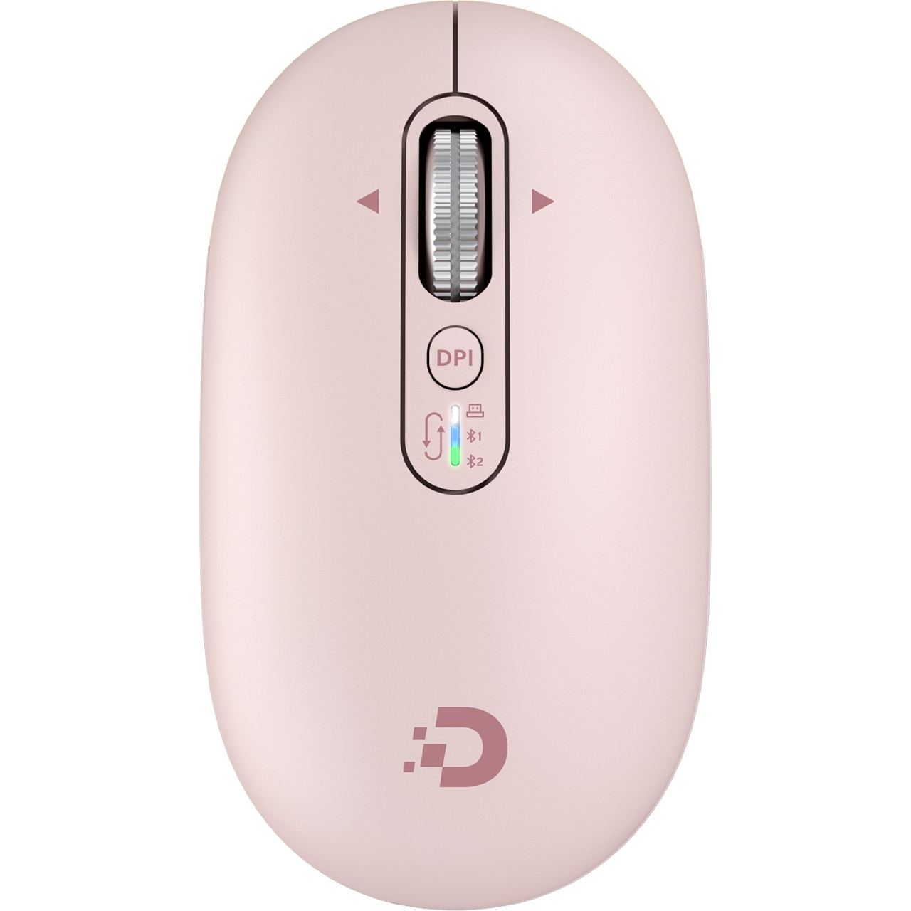 Kaydırma tekerleği, DPI düğmesi ve Bluetooth göstergeleri olan pembe bilgisayar faresi.