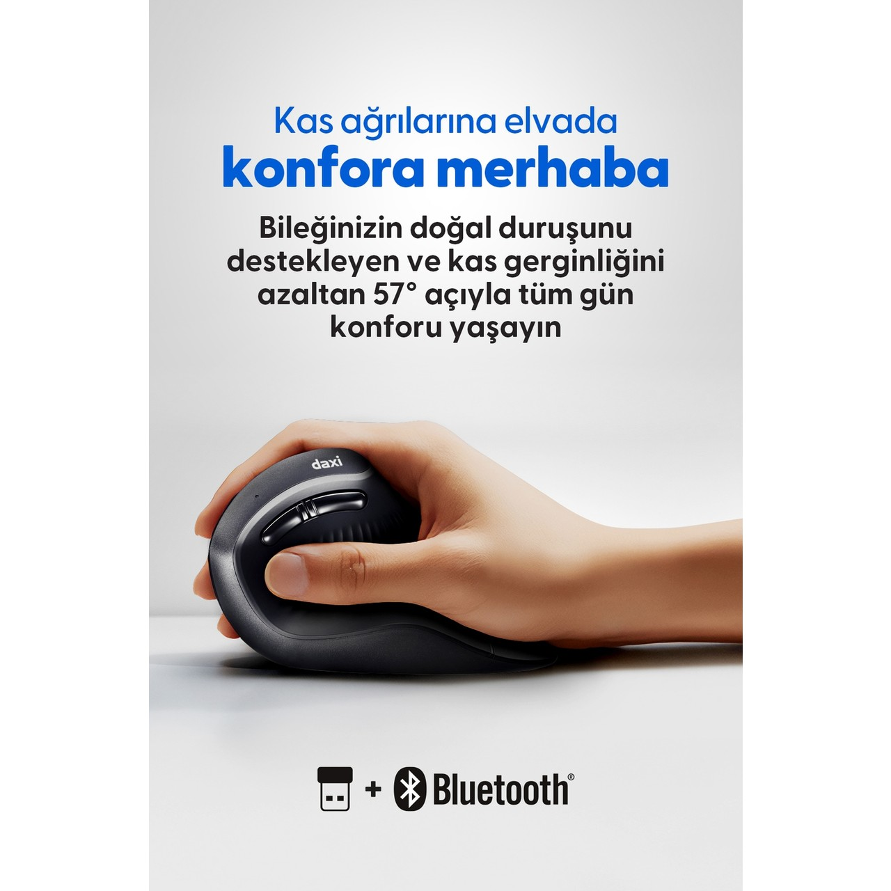 Bluetooth sembollü ve yazılı ergonomik fareyi tutan el.