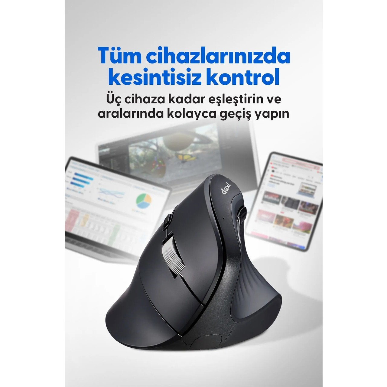 Ergonomik fare üç cihaza bağlanır, arka planda dizüstü bilgisayarlar ve tabletler.
