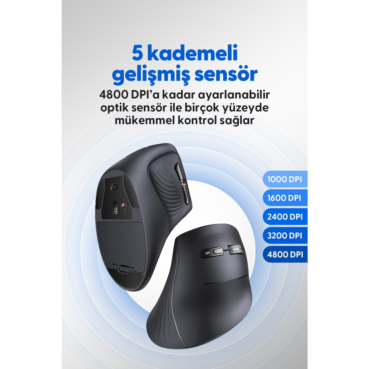 Ayarlanabilir DPI ayarları gösterilen iki dikey siyah bilgisayar faresi.