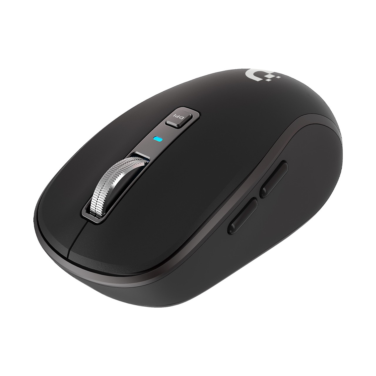 Gümüş kaydırma tekerleği ve DPI düğmesi olan siyah bir Logitech fare gösteriliyor.