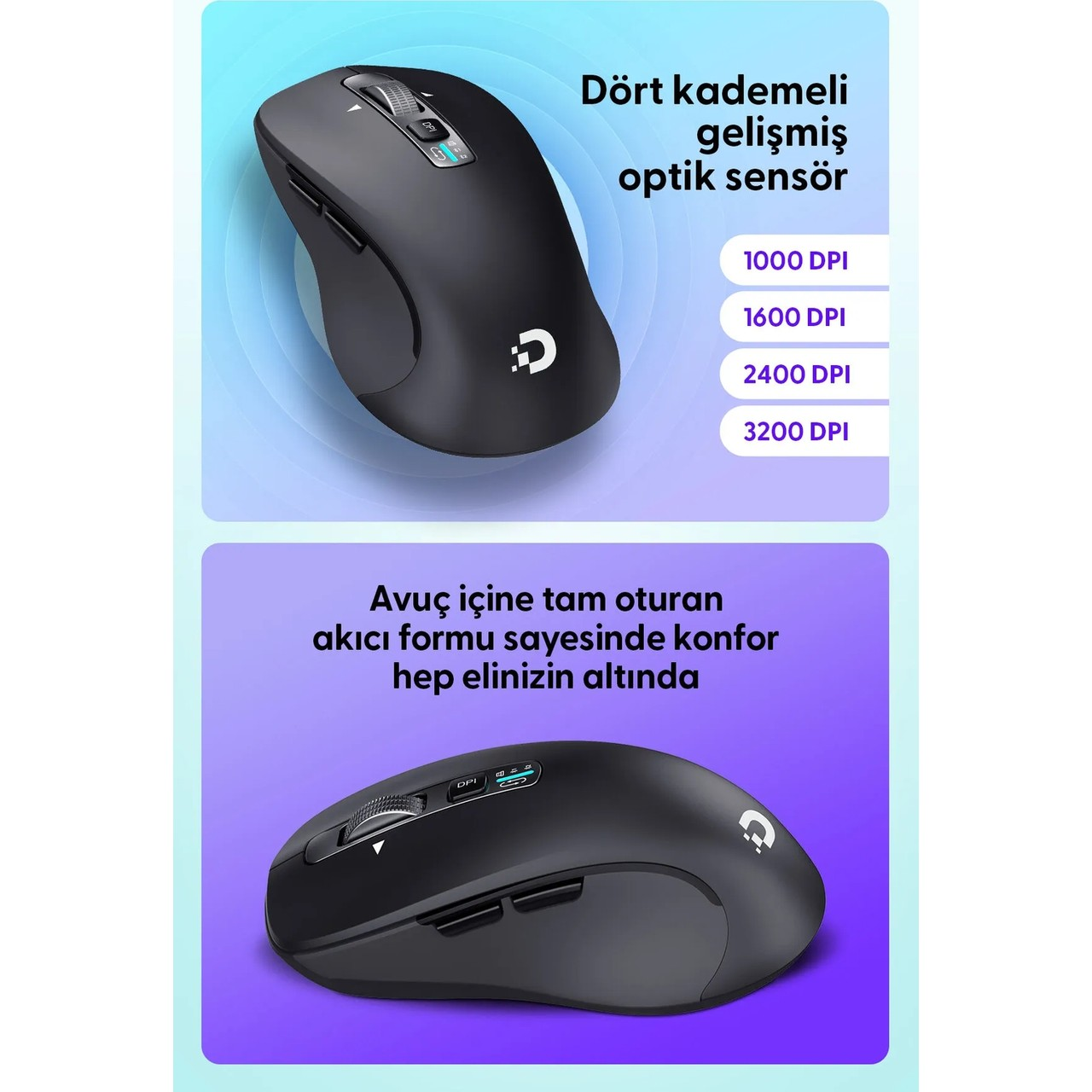 Kaydırma tekerleği ve DPI seviyeleri olan siyah optik fare, üst ve alt resimde.