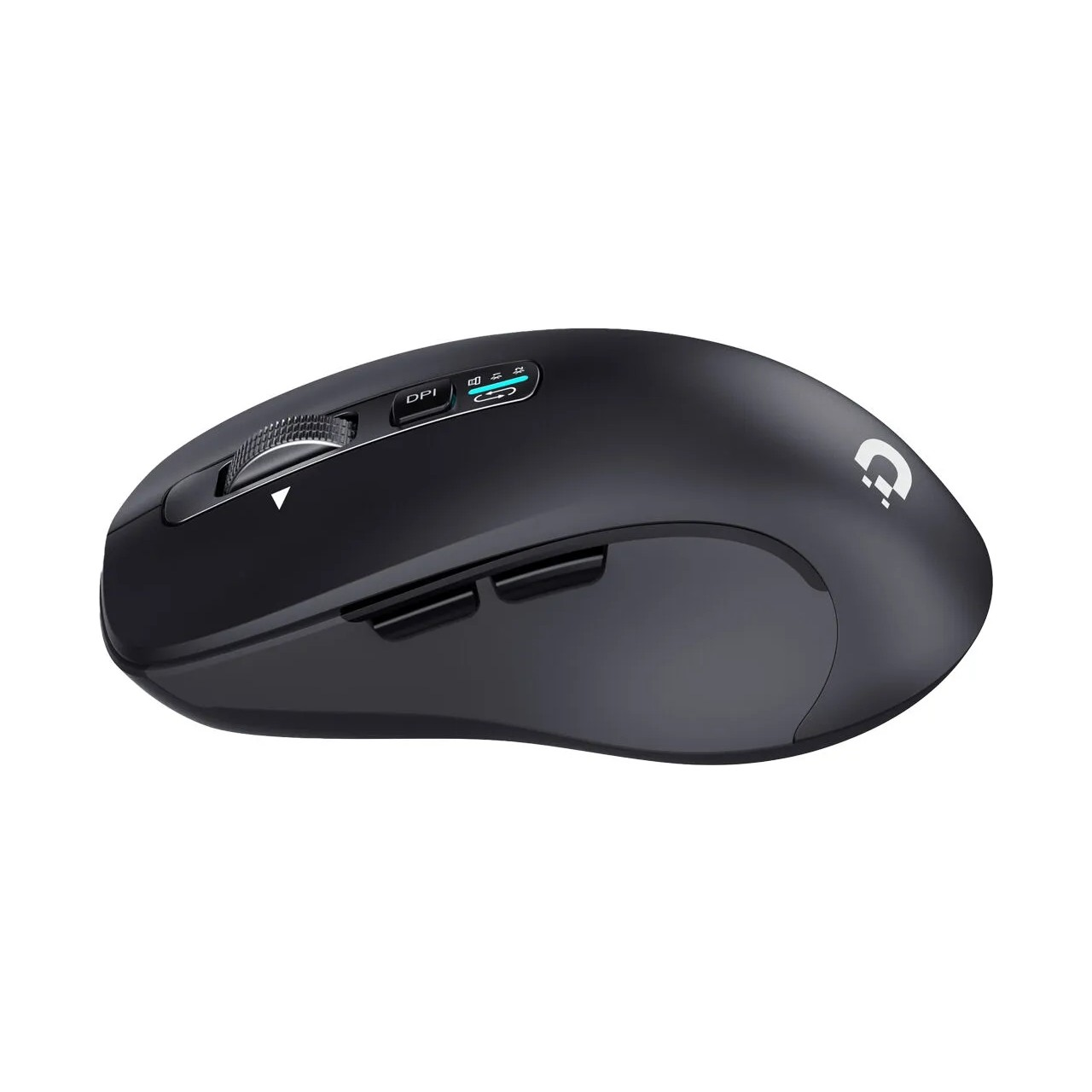 Kaydırma tekerleği, DPI düğmesi ve yan düğmeleri olan siyah Logitech fare.