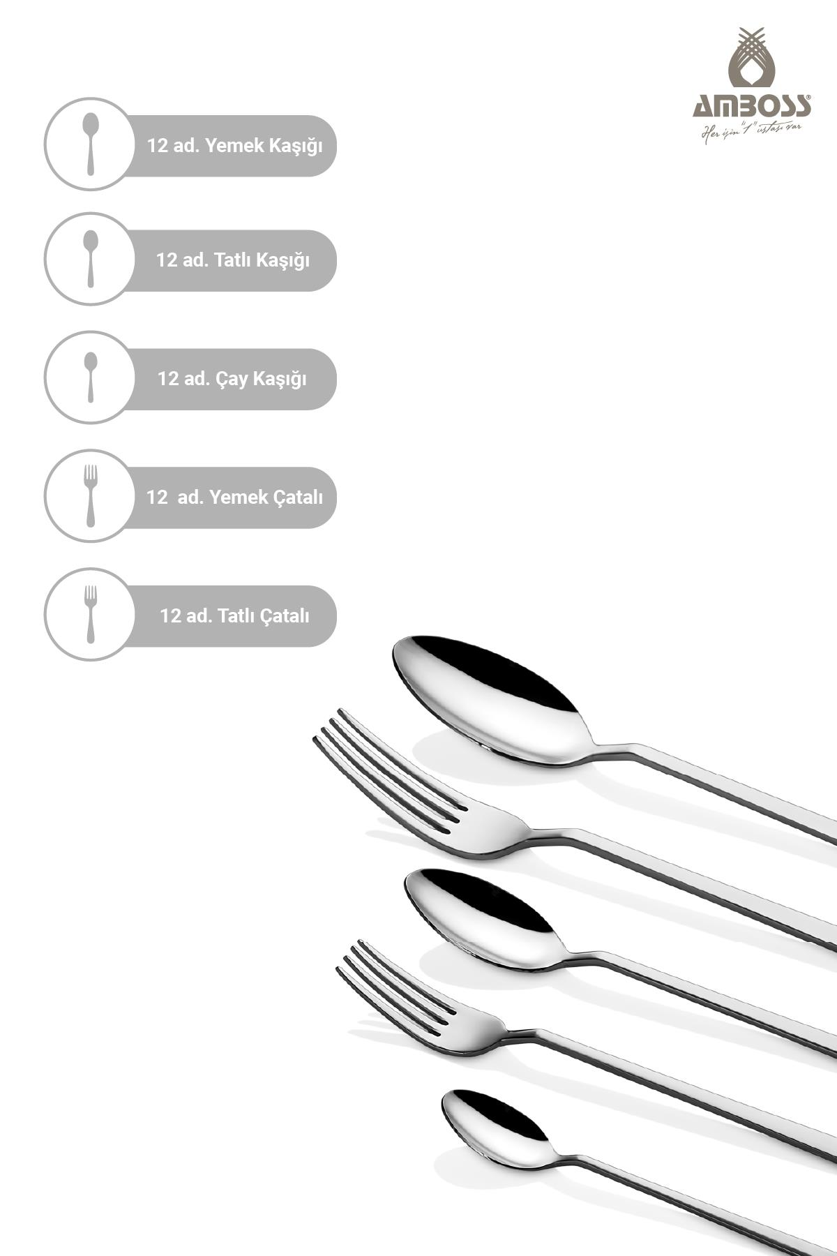 Çatal bıçak seti: 12 yemek kaşığı, 12 tatlı kaşığı, 12 çay kaşığı, 12 yemek çatalı, 12 tatlı çatalı.