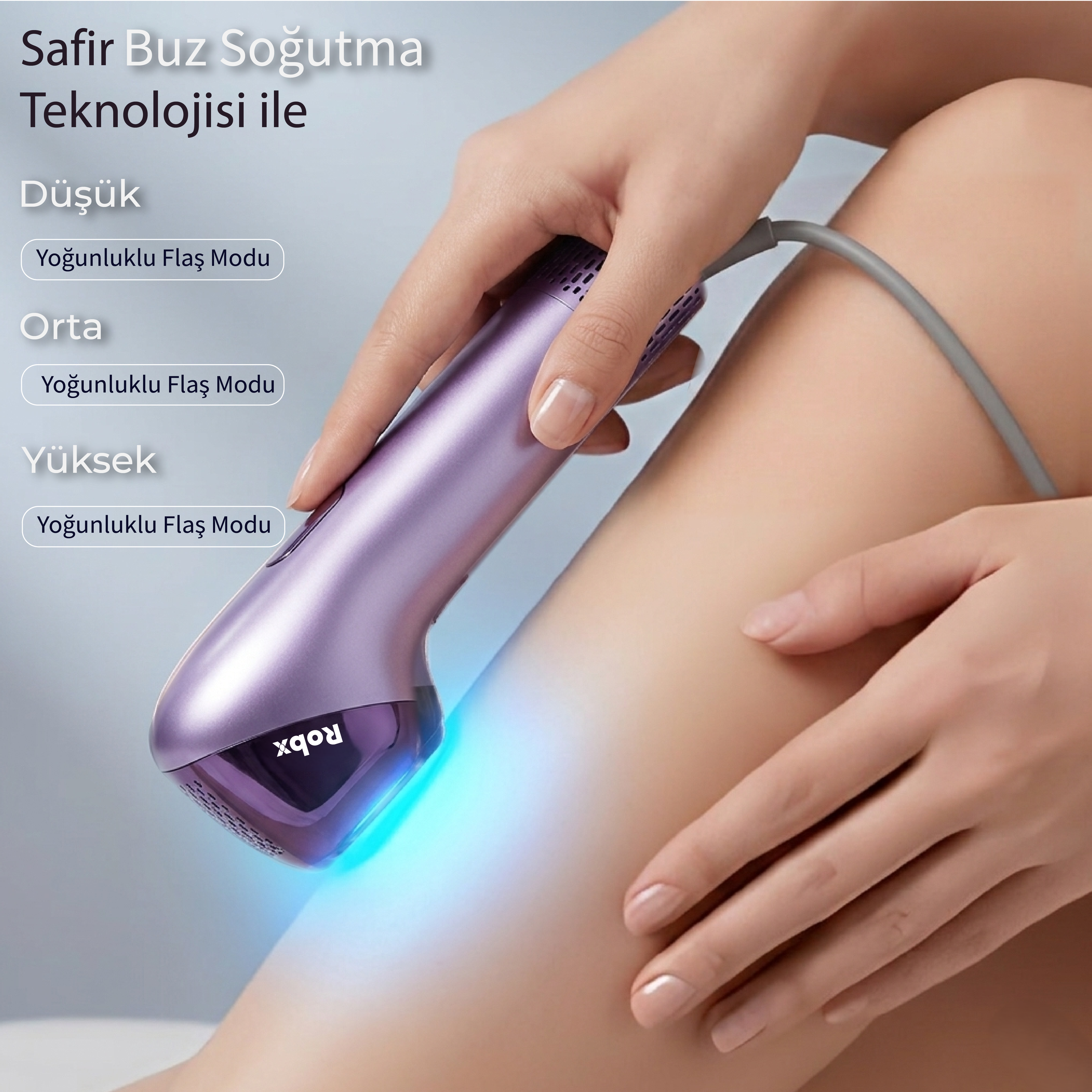 Bir el, bir bacak üzerinde mor renkli IPL epilasyon cihazı tutuyor.