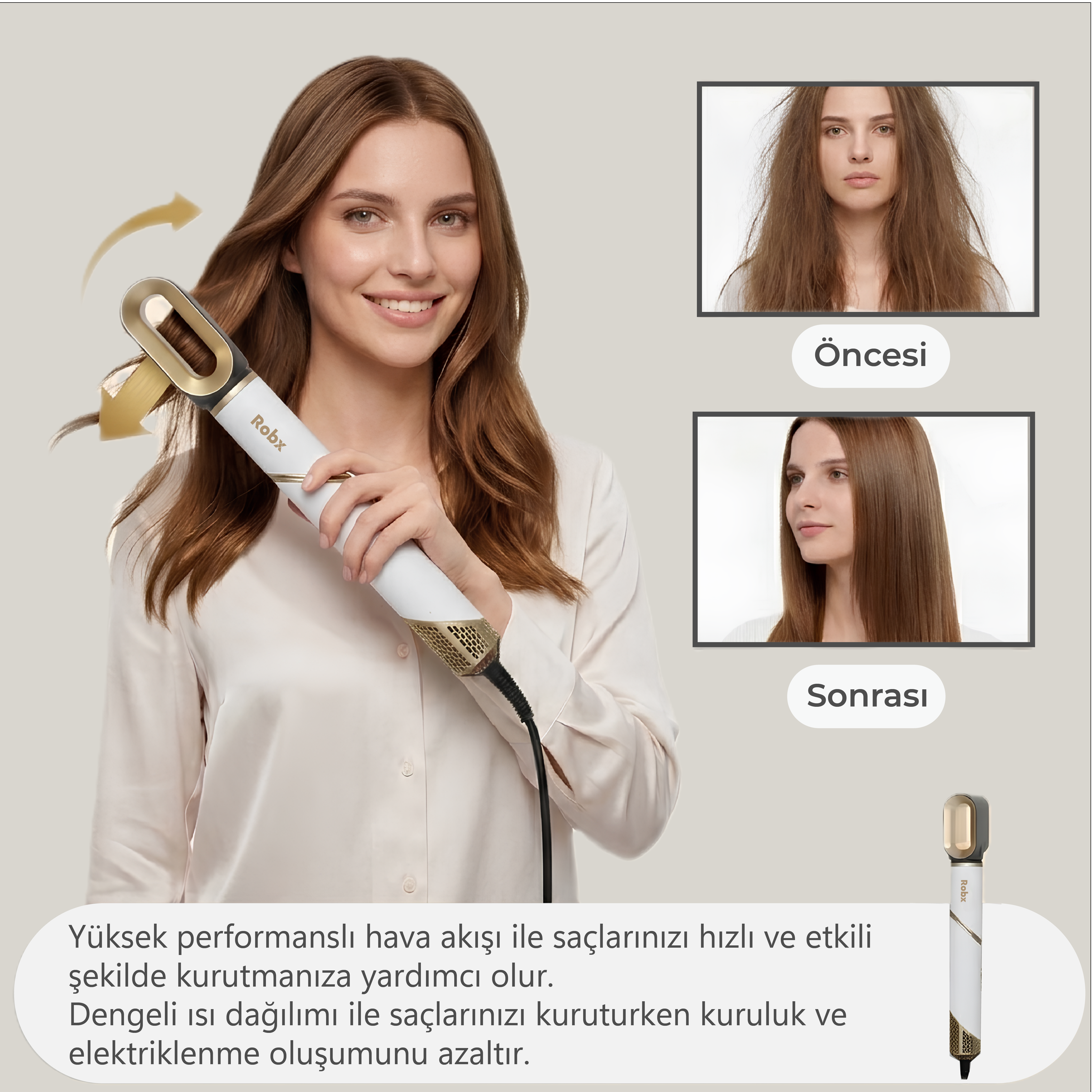 Düz saçlı kadın beyaz ve altın rengi saç kurutma makinesi tutuyor.