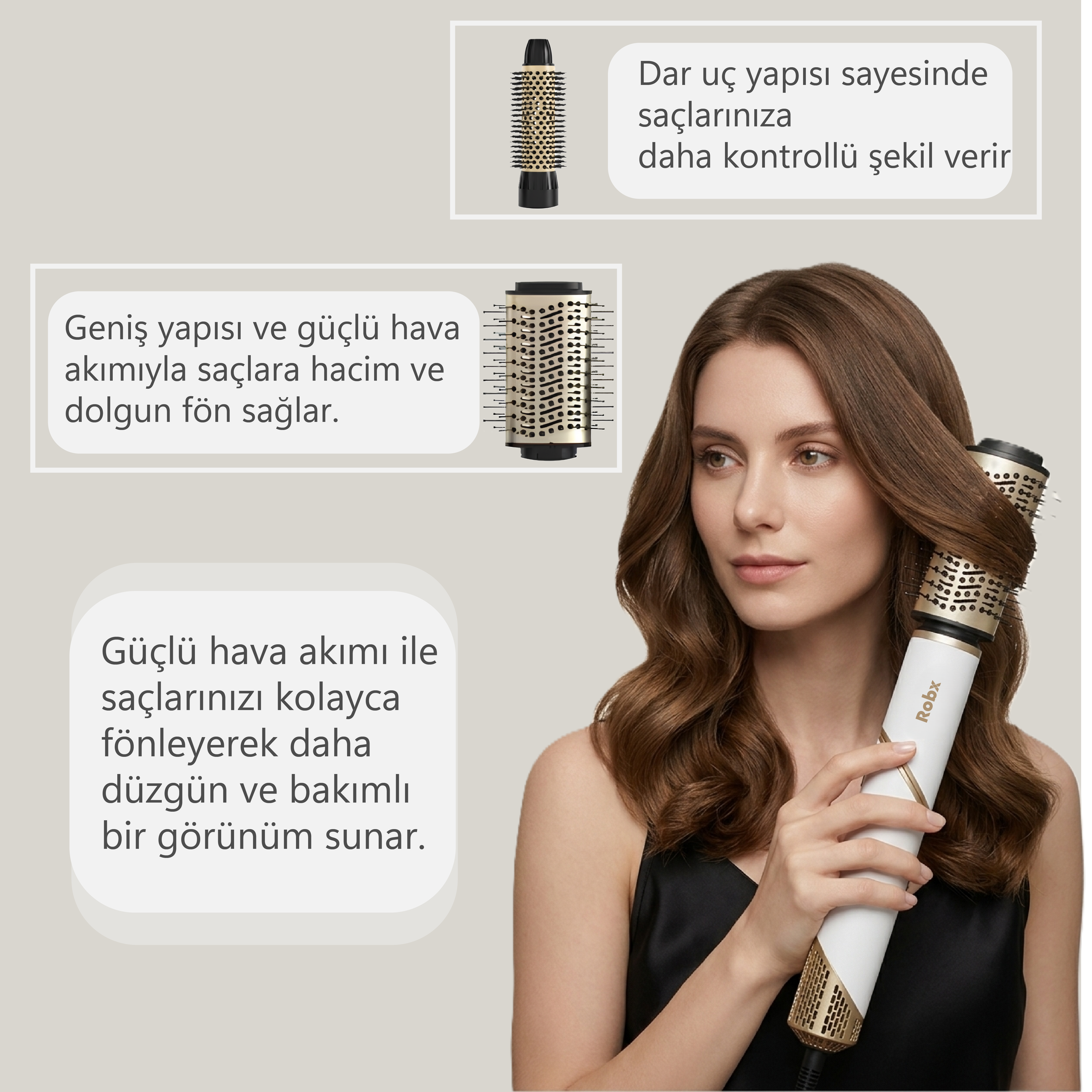 Kadın, hacim için geniş fırçalı sıcak hava fırçası kullanıyor.