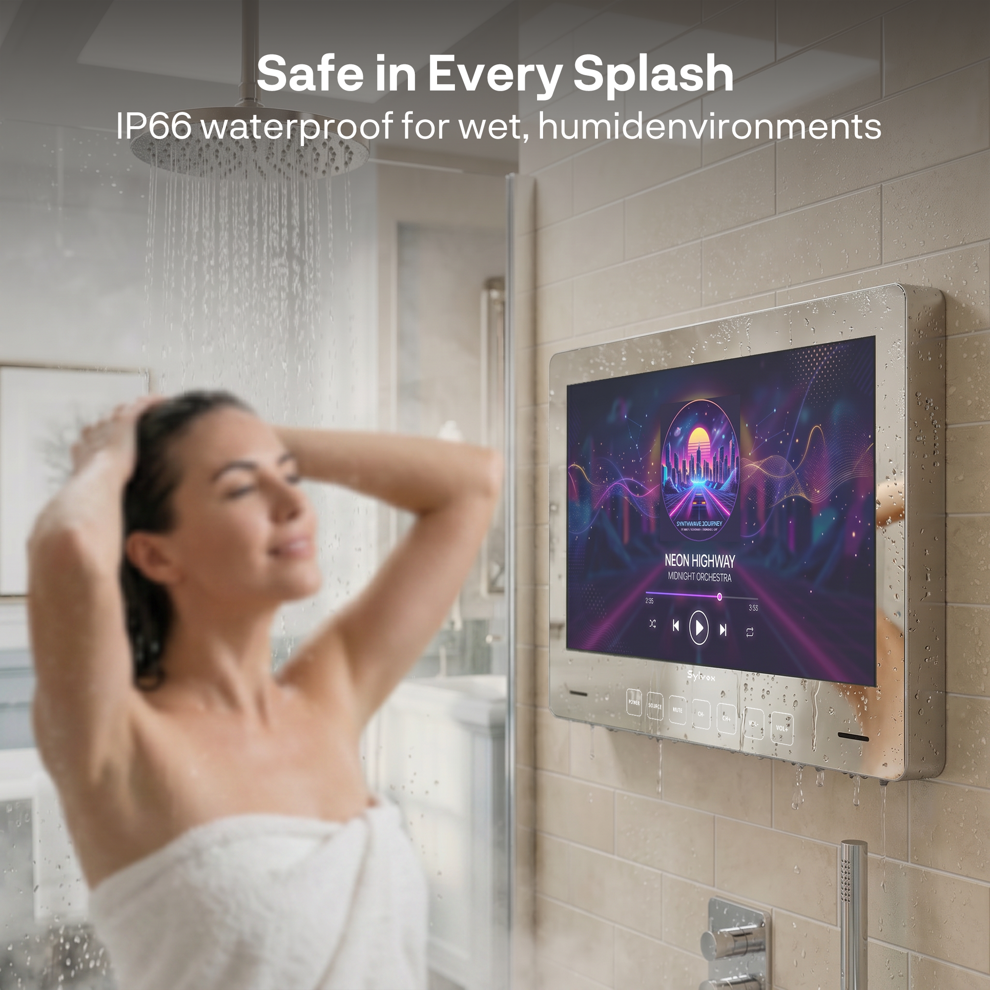 Mujer duchándose, pantalla muestra reproductor de música. Impermeable IP66.