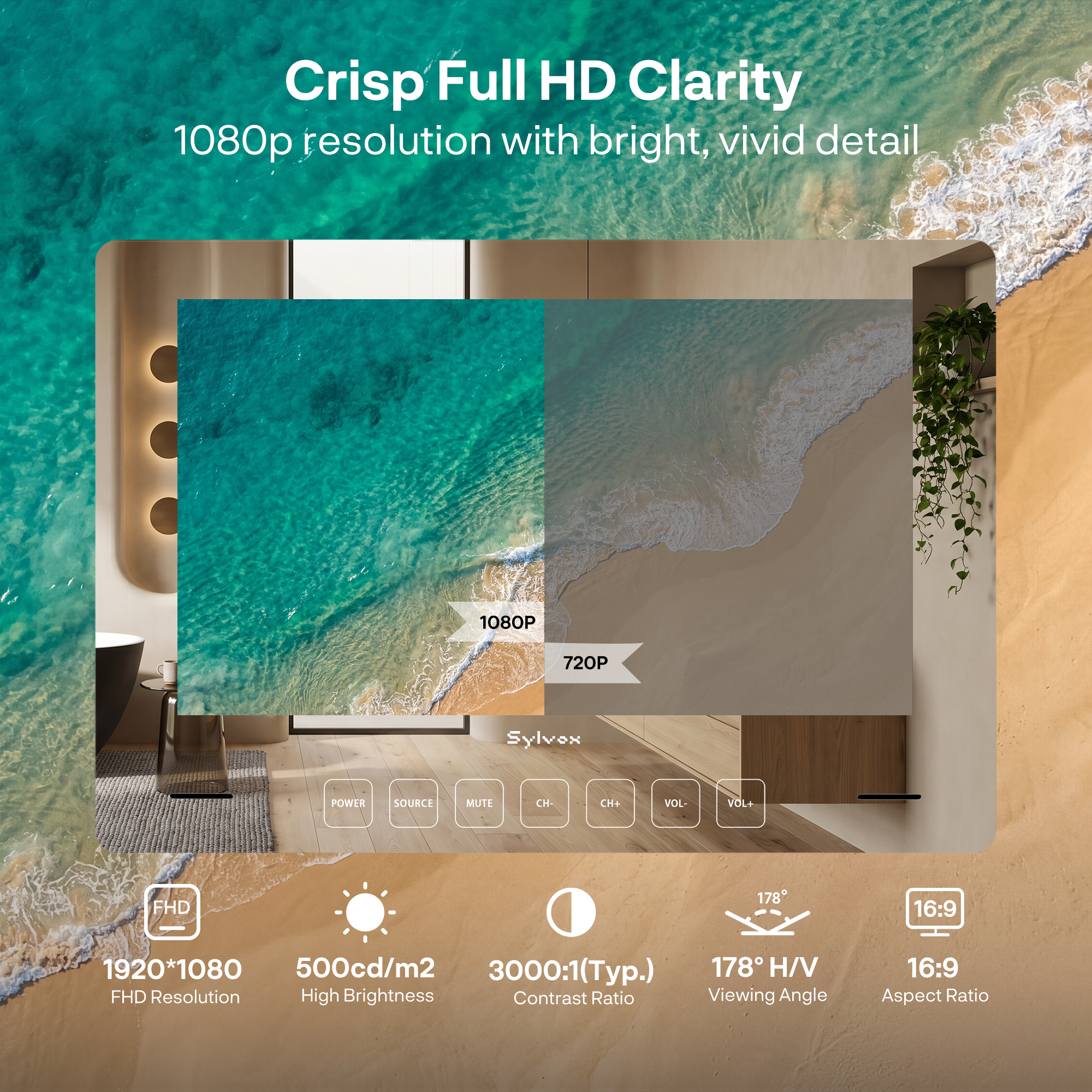Un televisor muestra una escena de playa y mar. Se detallan las especificaciones.