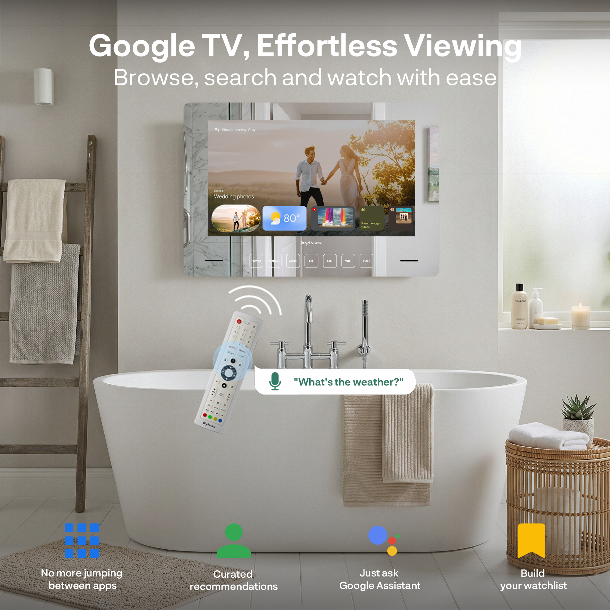 Un baño con bañera, TV mostrando Google TV y un mando a distancia.