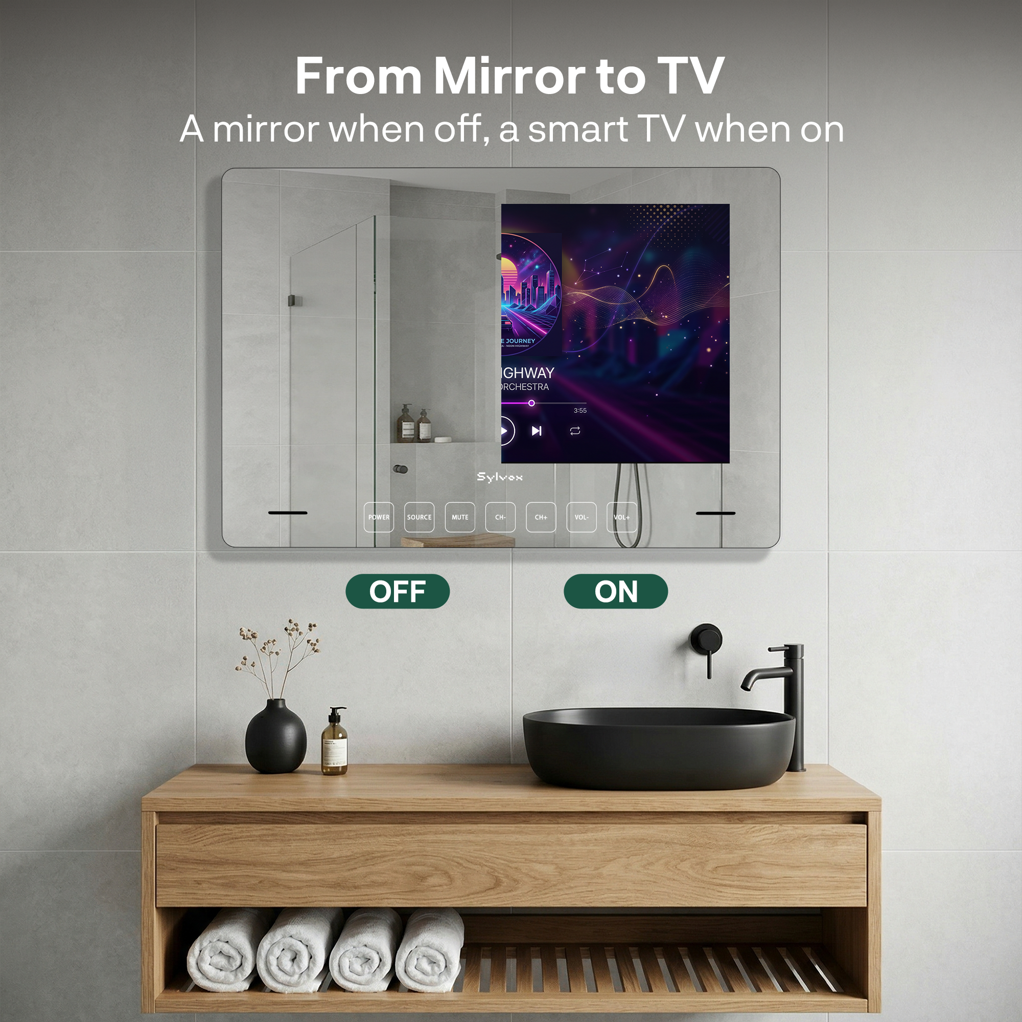 Espejo de baño con TV inteligente integrada que muestra música.