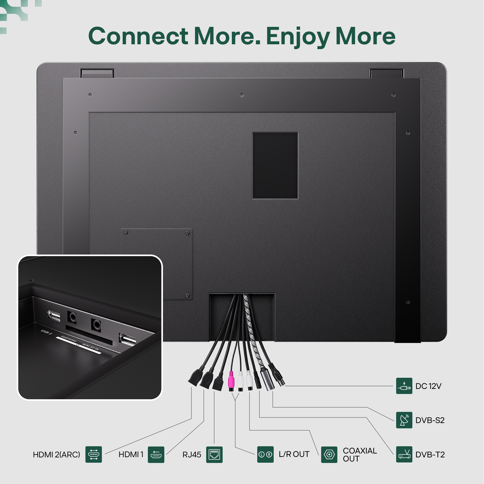 Panel trasero de un TV mostrando puertos: USB, HDMI, RJ45, Salida Audio, Coaxial, DC 12V, DVB-S2, DVB-T2.
