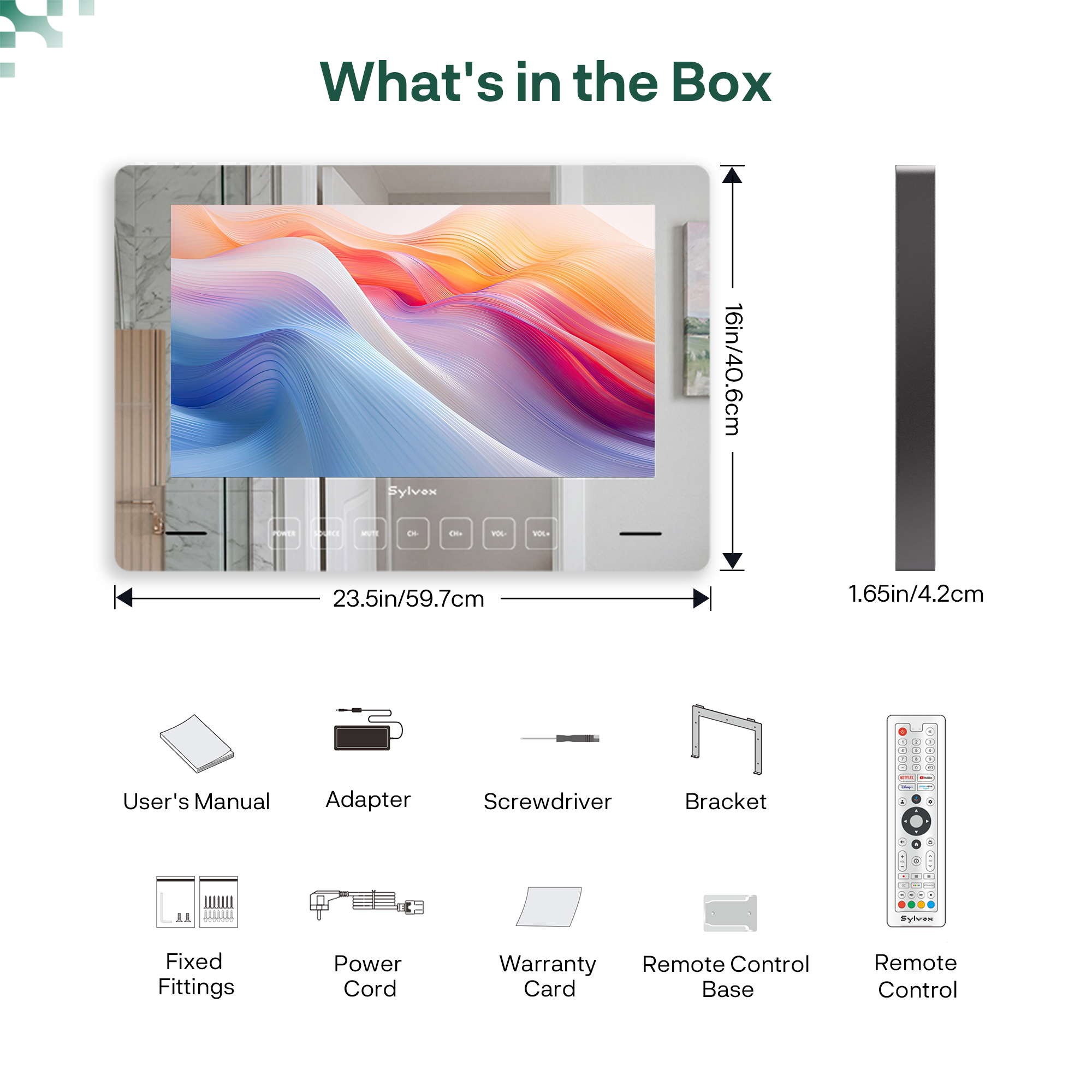 Contenido de la caja: pantalla grande, control remoto, manual, adaptador, destornillador, soporte, accesorios, cable, tarjeta de garantía, base.