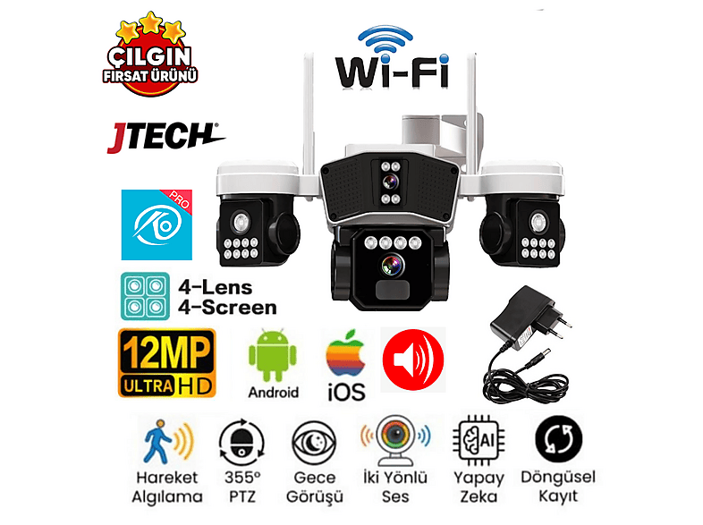 O-KAM OK-206 Plusw 4x3 MP 12 MP Wi-fi Model 4 Kameralı 1 PTZ Akıllı Kamera Beyaz