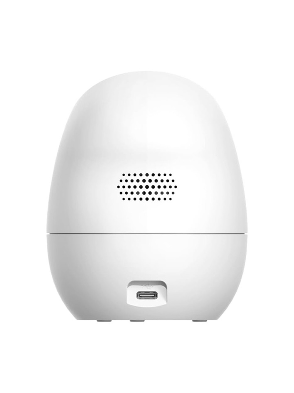Hoparlör ızgaralı ve USB-C bağlantı noktalı beyaz oval cihaz.