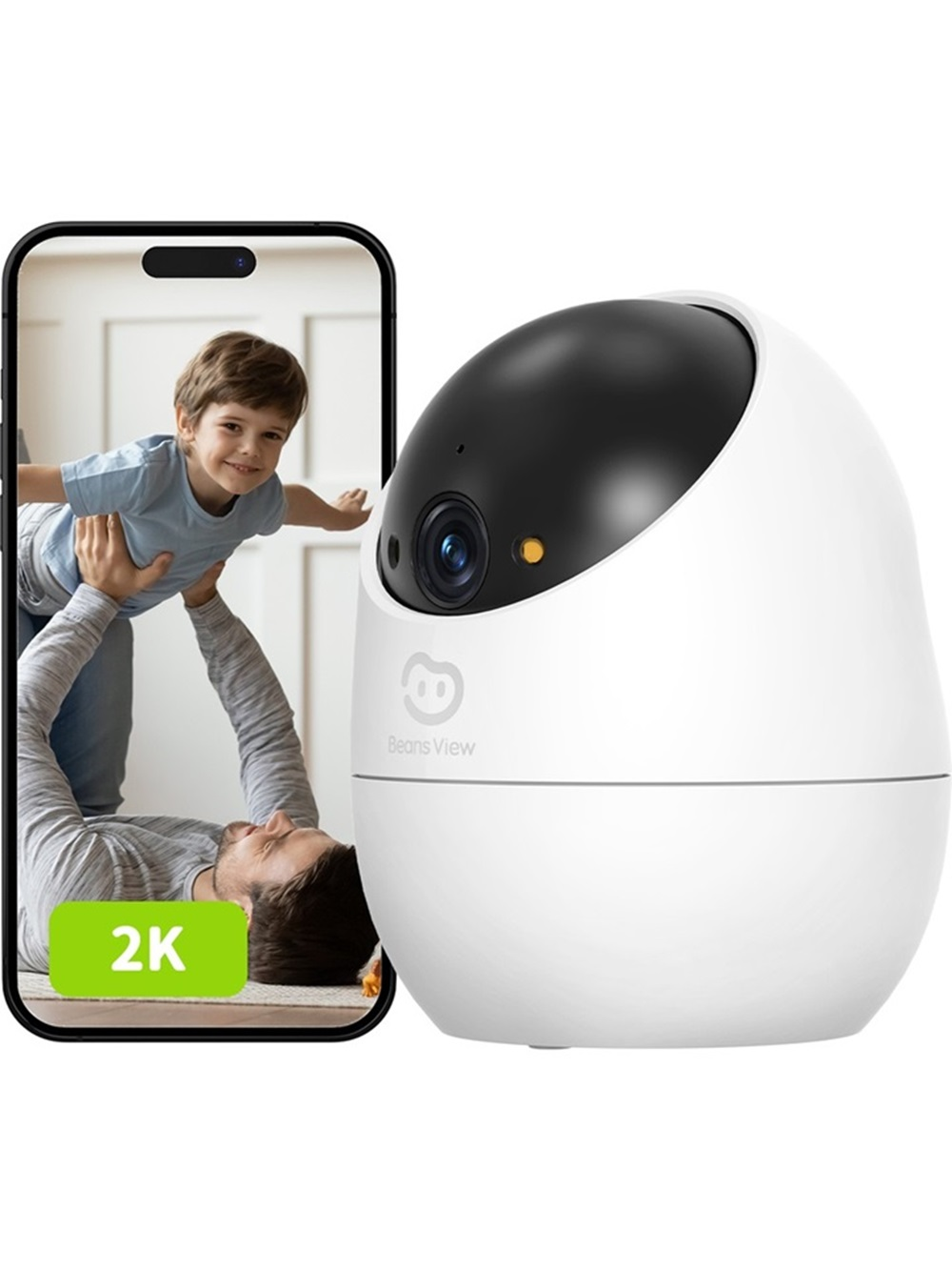 Telefon ekranında görünen bir çocuğu kaldıran bir adam, yanında beyaz bir kamera.
