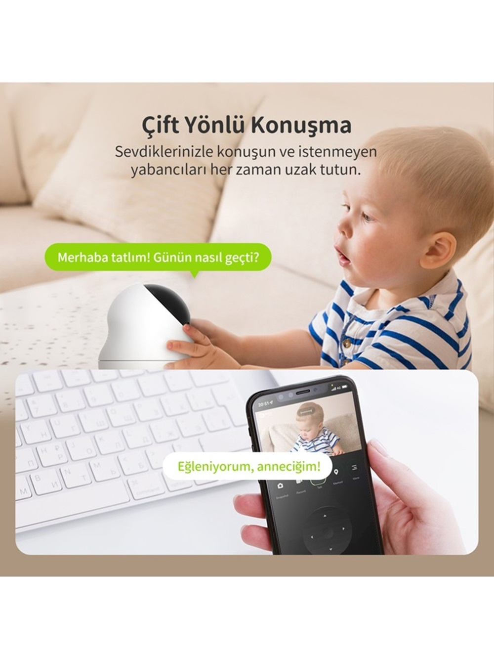 Mavi çizgili tişörtlü bebek kameraya bakıyor. Telefon bebeği gösteriyor.