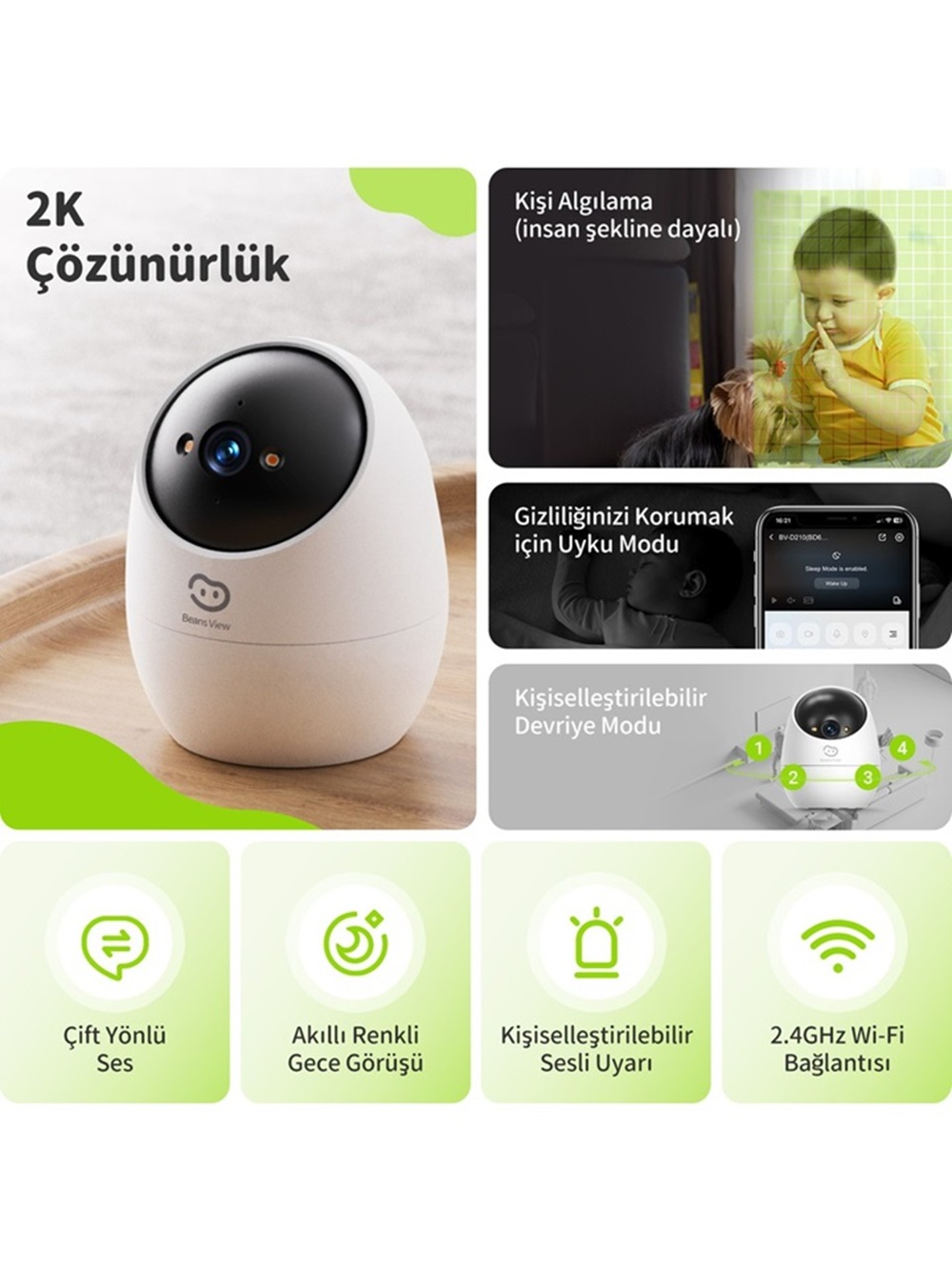 2K çözünürlüklü, kişi algılamalı, gece görüşlü ve Wi-Fi'li beyaz bebek kamerası.