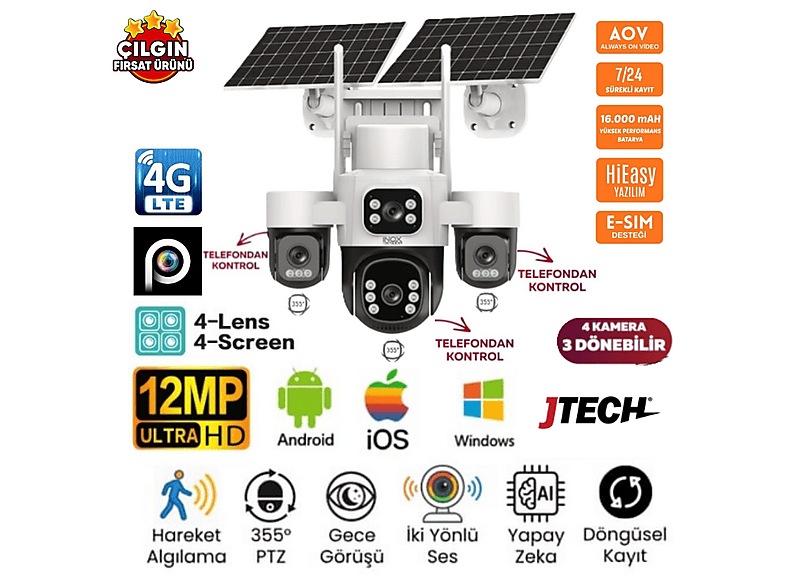 JTECH X24 4x3mp 12MP Aov e-Sim 4g 2xSolar Panelli 4 Kameralı 3 Ptz Akıllı Kamera Inox