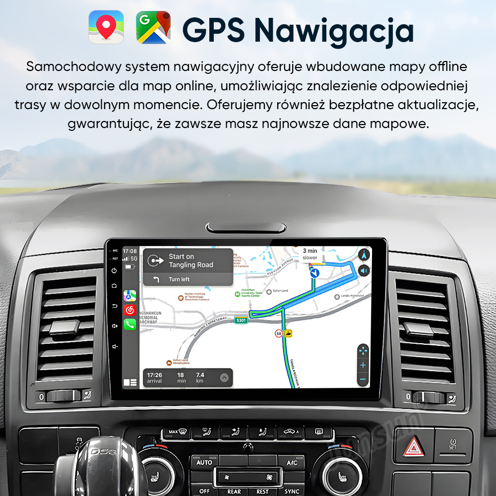 System nawigacji samochodowej z mapami offline/online, wyświetla trasę i wskazówki.
