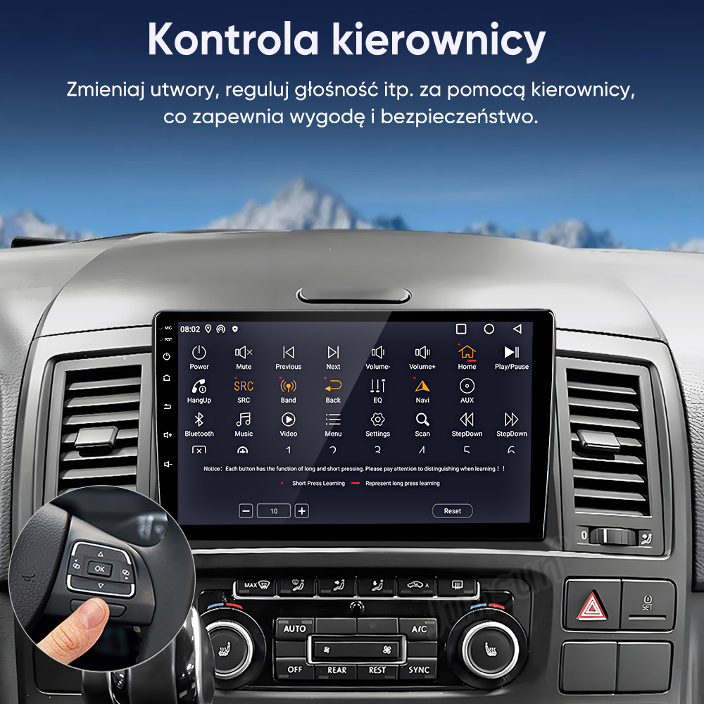 Samochodowy system multimedialny z ekranem dotykowym, sterowaniem z kierownicy i klimatyzacją.
