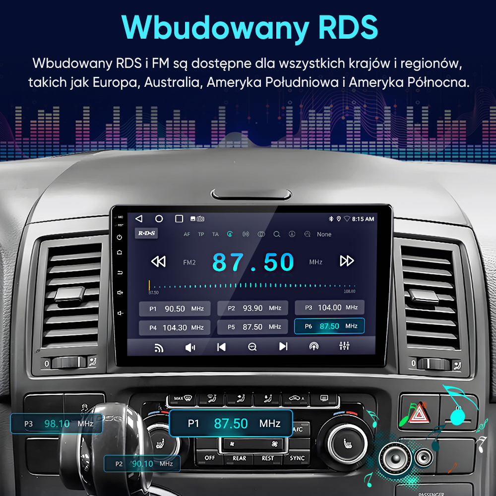 Ekran radia samochodowego wyświetla częstotliwości RDS i FM, z elementami sterującymi poniżej.