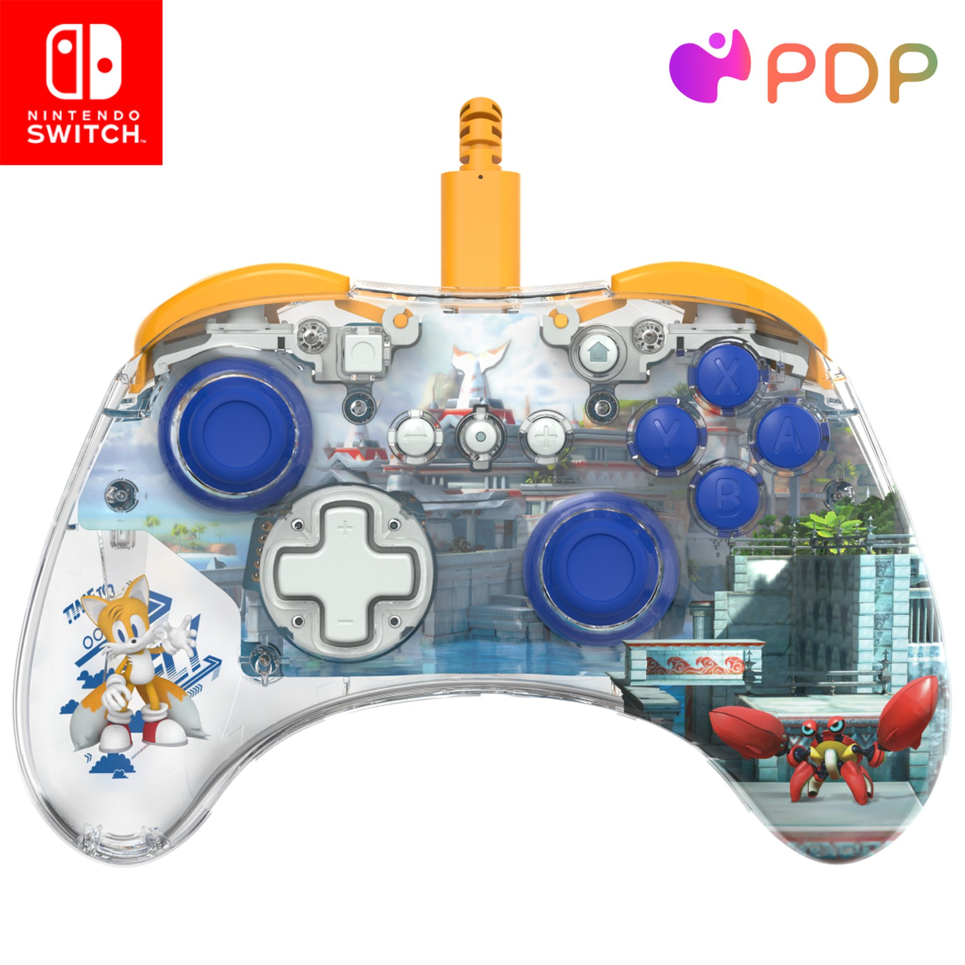 Kontroler Nintendo Switch z postacią Tails i robotem-krabem w tle.
