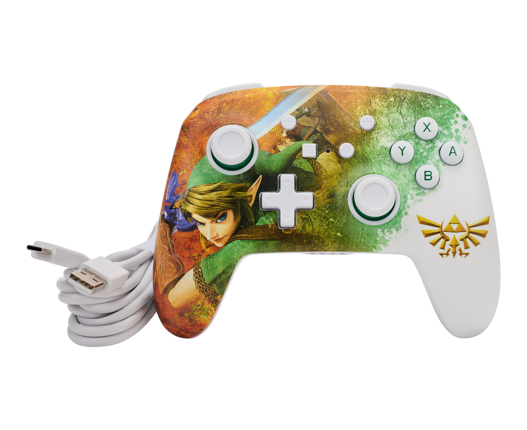 Kontroler z Linkiem z gry Zelda i symbolem Triforce. Biały z czerwonymi i zielonymi akcentami.