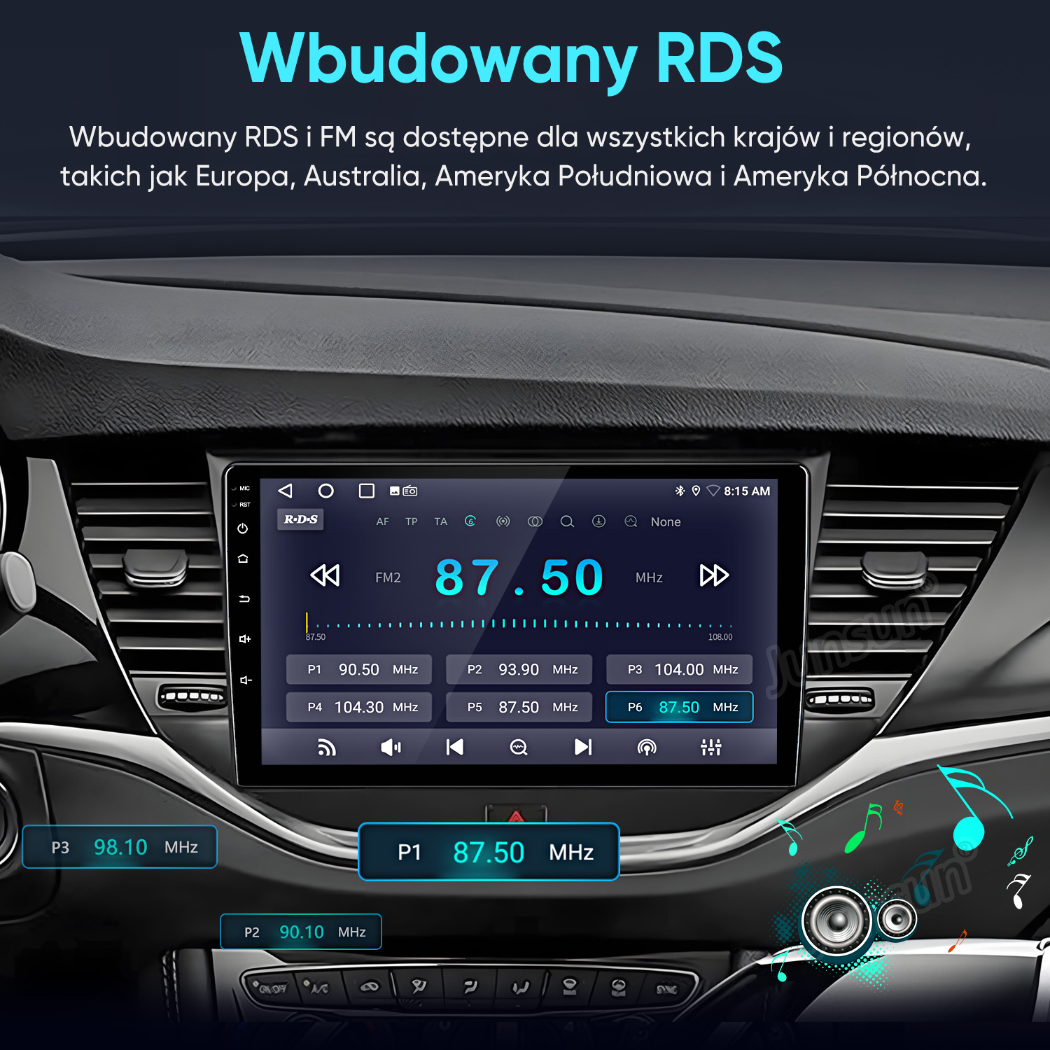 Wyświetlacz radia samochodowego RDS z częstotliwościami i kontrolkami, nuty muzyczne.