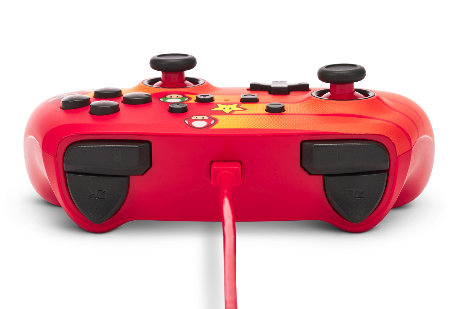 Czerwony kontroler Nintendo Switch z grafiką Mario i białym kablem.