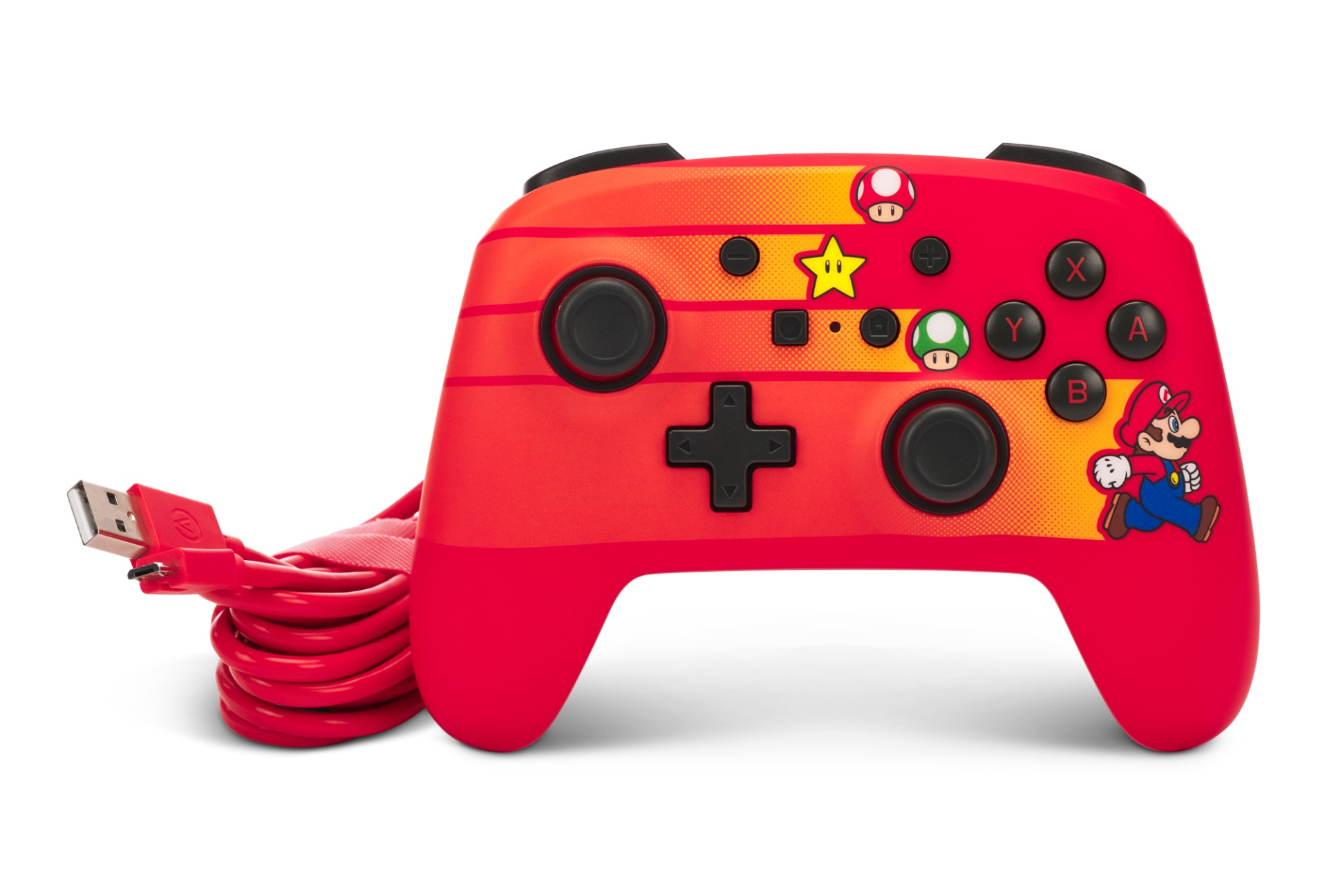 Czerwony kontroler Nintendo z motywem Mario i czerwonym kablem USB.
