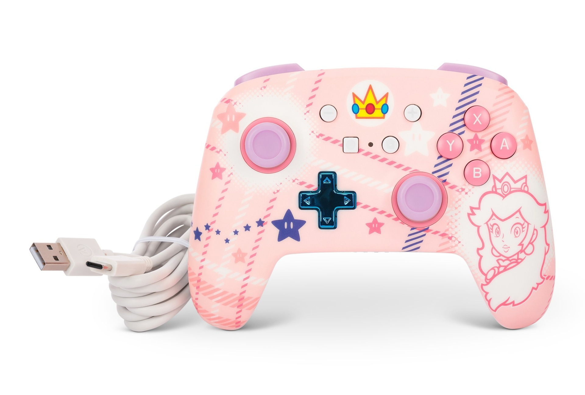 Ein rosafarbener Controller mit Prinzessin Peach-Motiv, Sternen und kariertem Muster.
