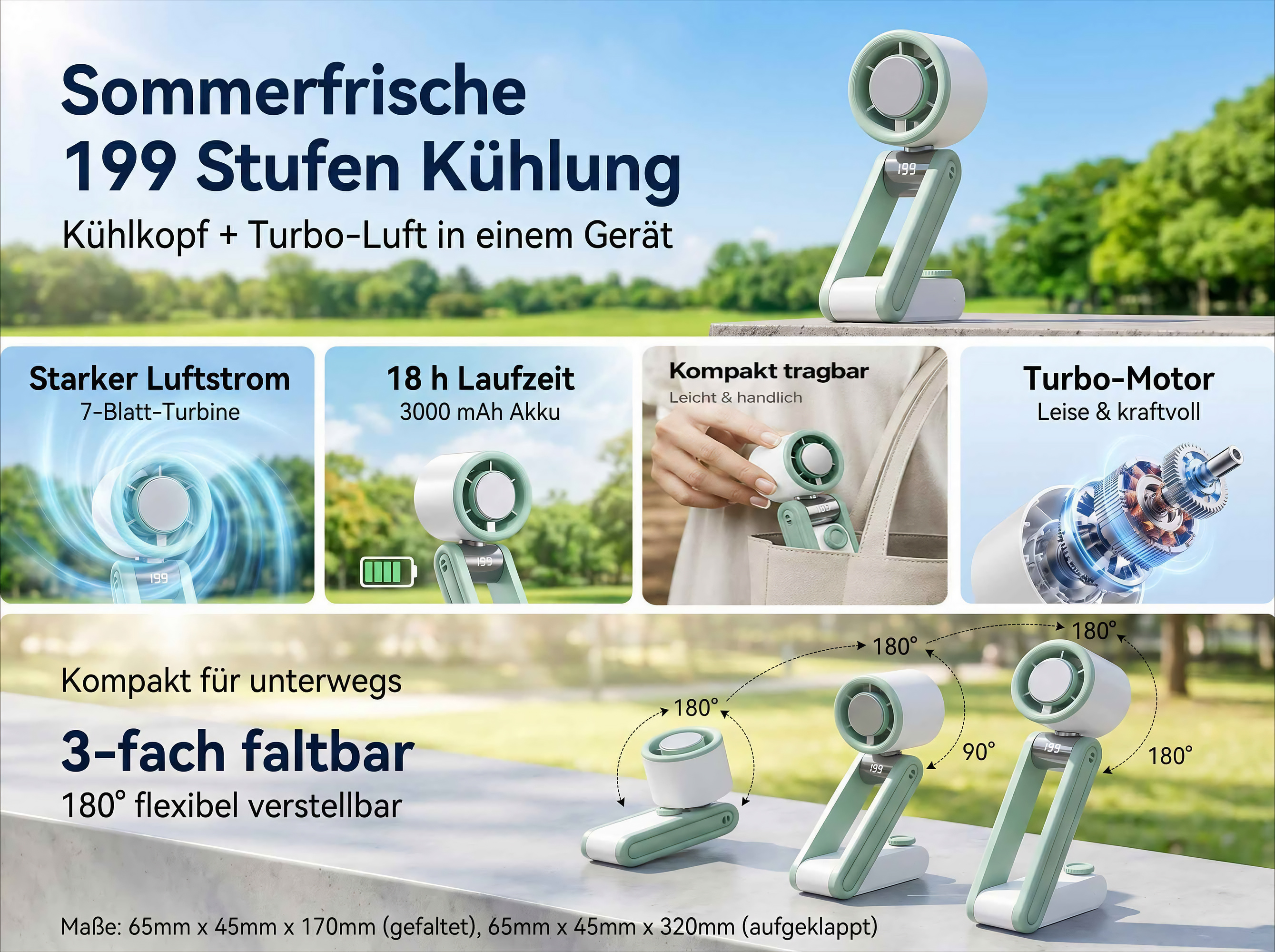 Ein tragbarer Ventilator mit 199 Stufen, faltbar und verstellbar, in Hellgrün und Weiß.