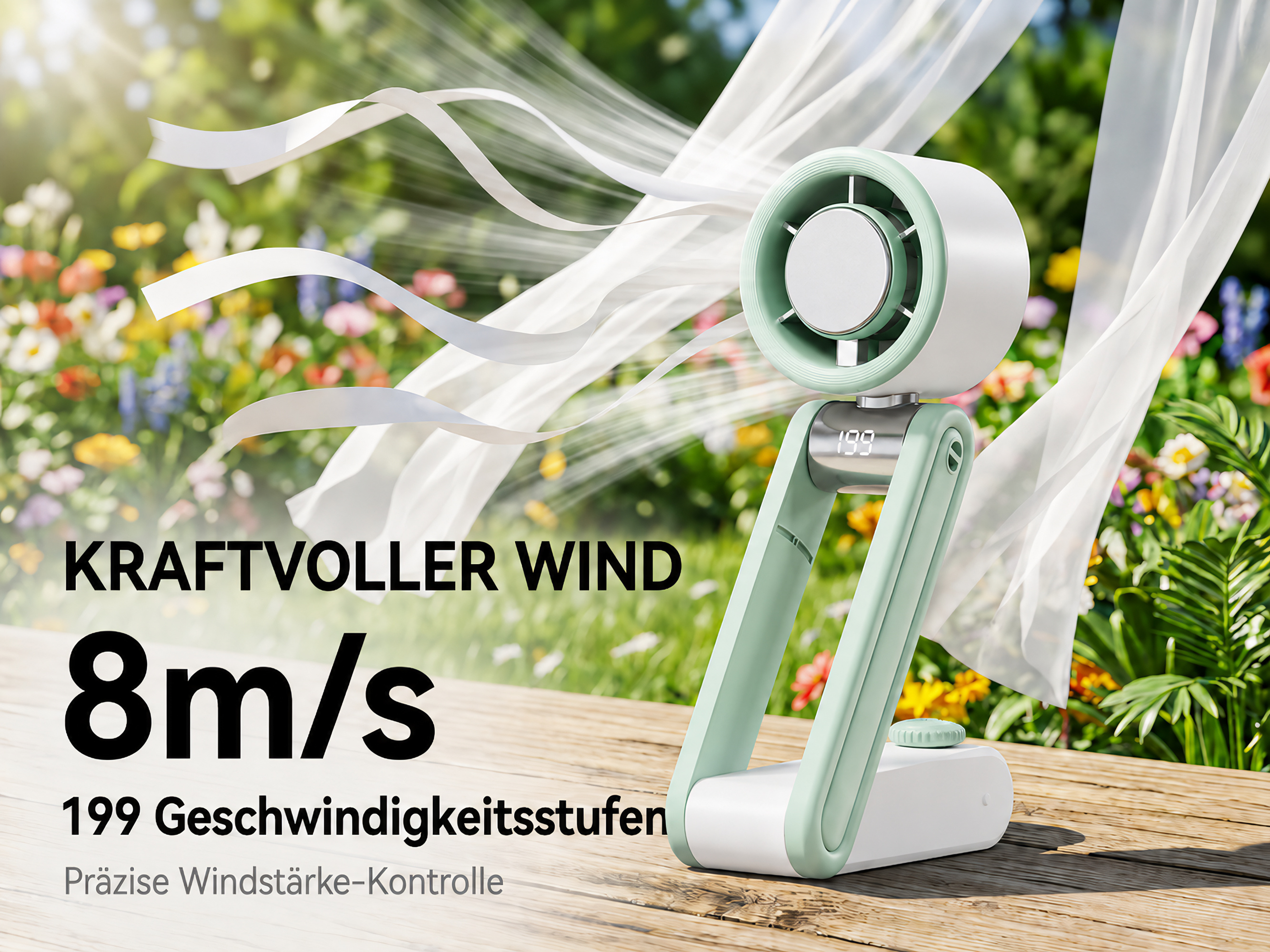 Ein tragbarer Ventilator mit 199 Stufen steht auf Holz. Weiße Bänder wehen.
