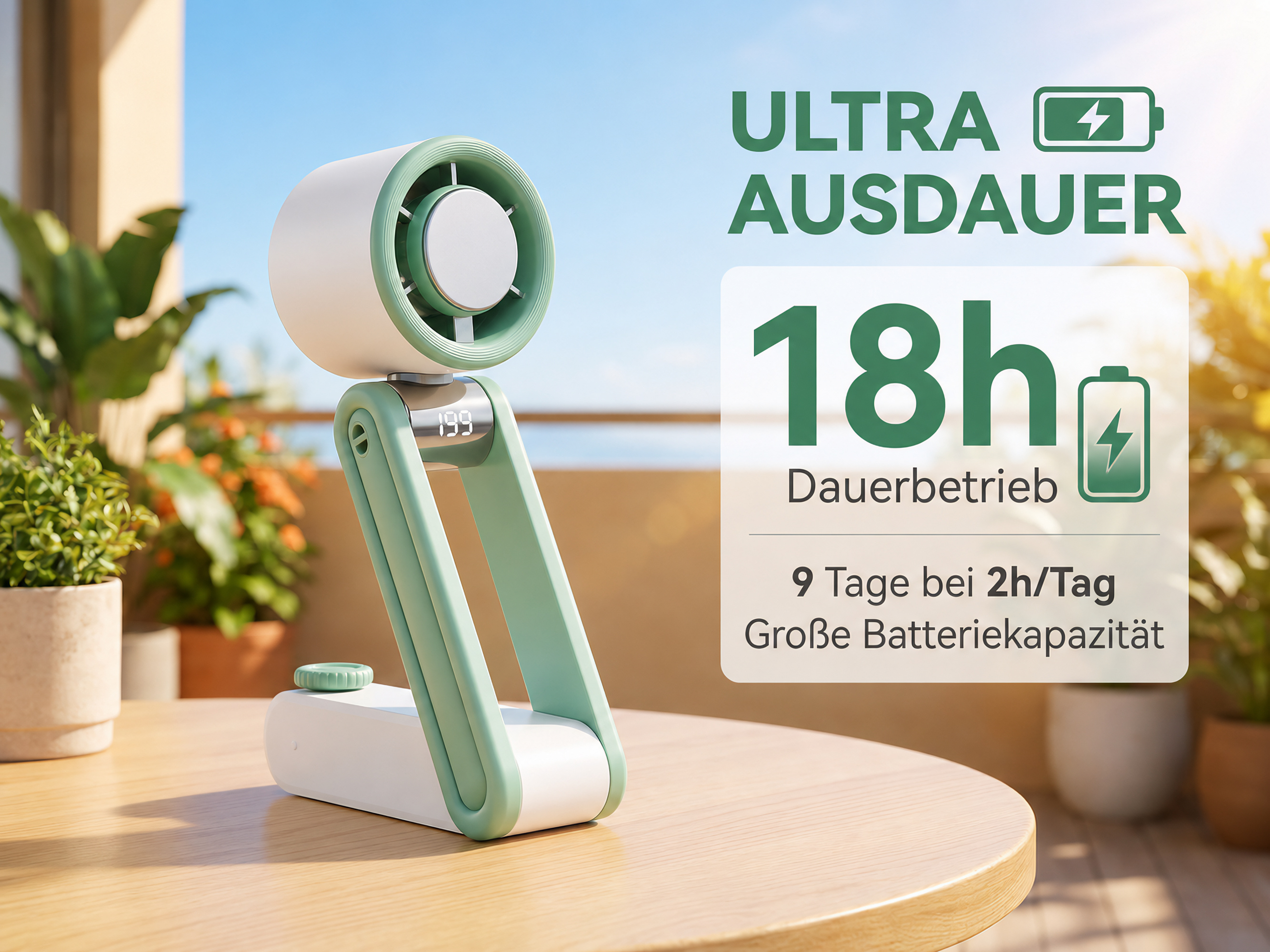 Ein tragbarer Ventilator in Weiß und Grün steht auf einem Holztisch im Freien.