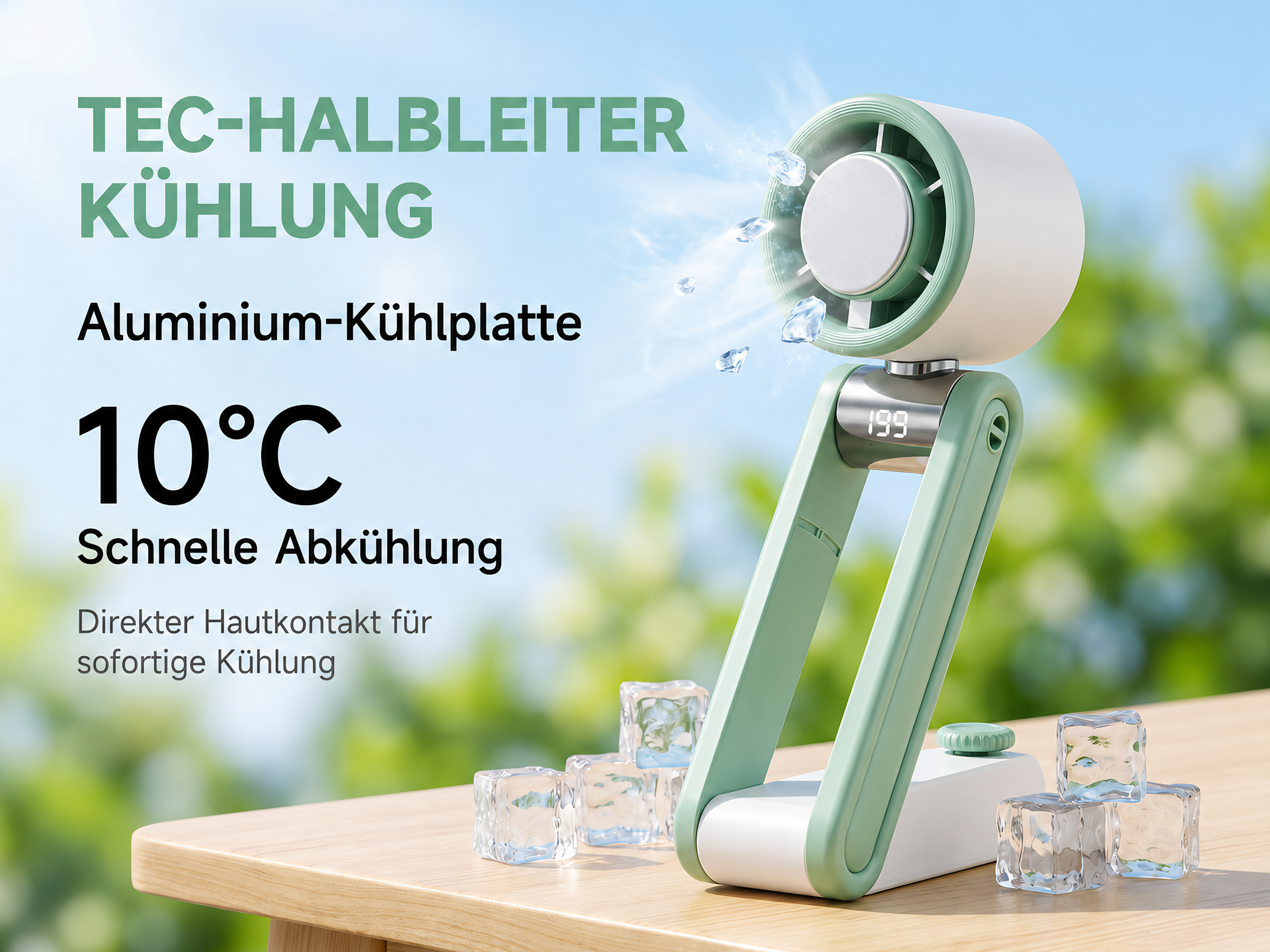 Ein grüner Lüfter mit Eiswürfeln auf einem Holztisch, der schnelle Kühlung verspricht.
