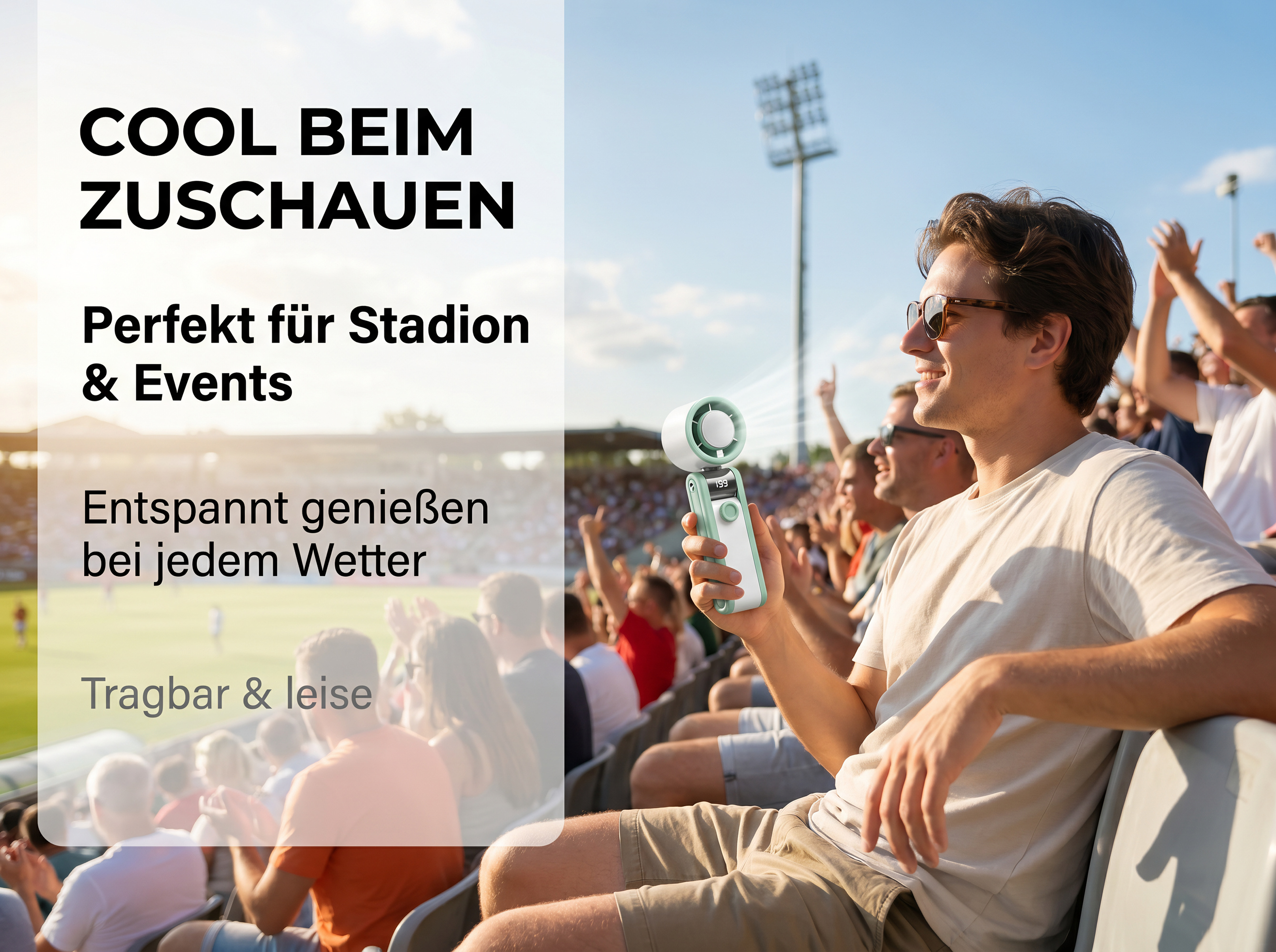 Mann im Stadion hält einen Ventilator. Aufschrift: Cool beim Zuschauen.